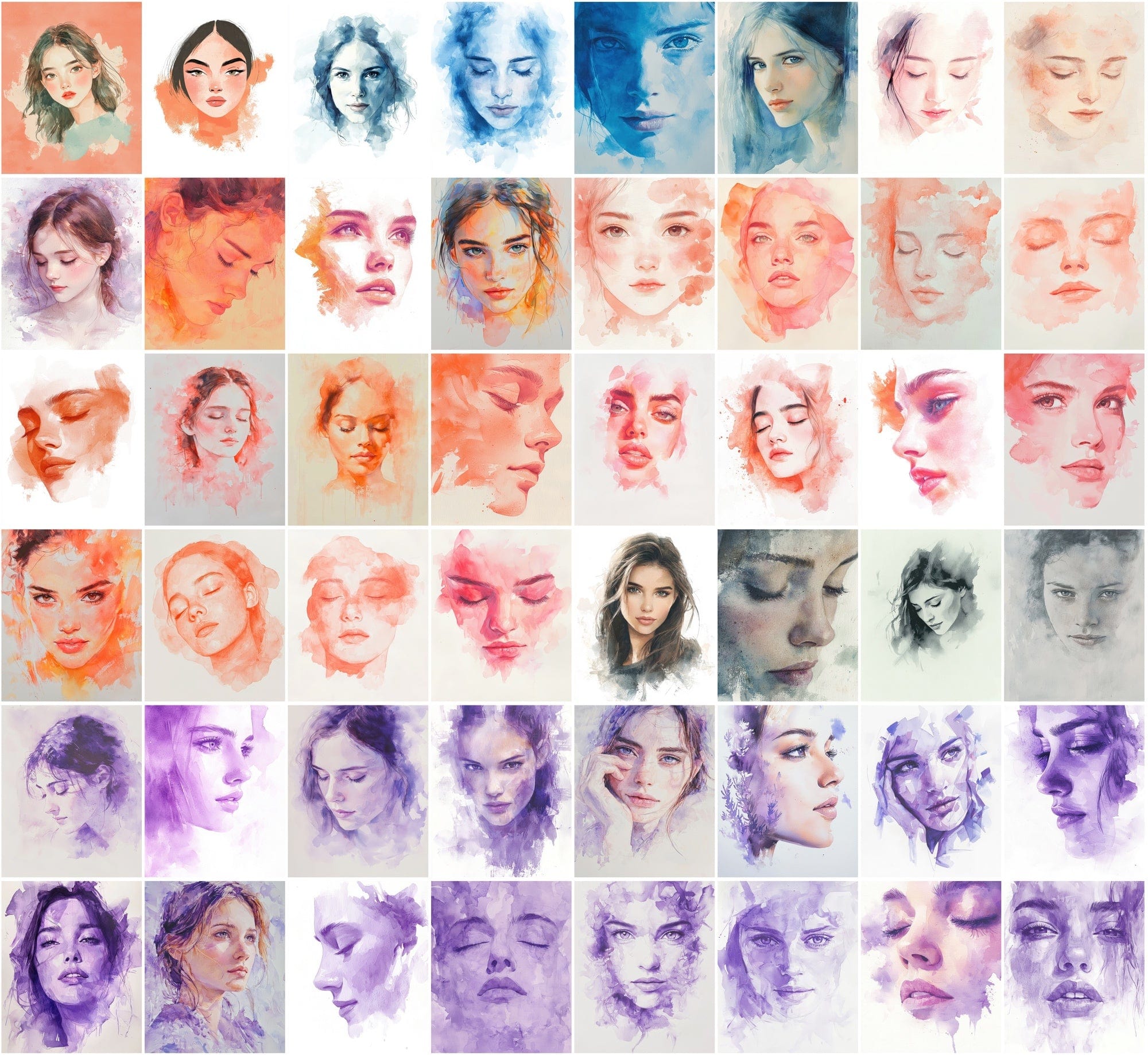 550 Watercolor-Style Girl Portraits | Delicate Digital Art Pack Digital Download Sumobundle