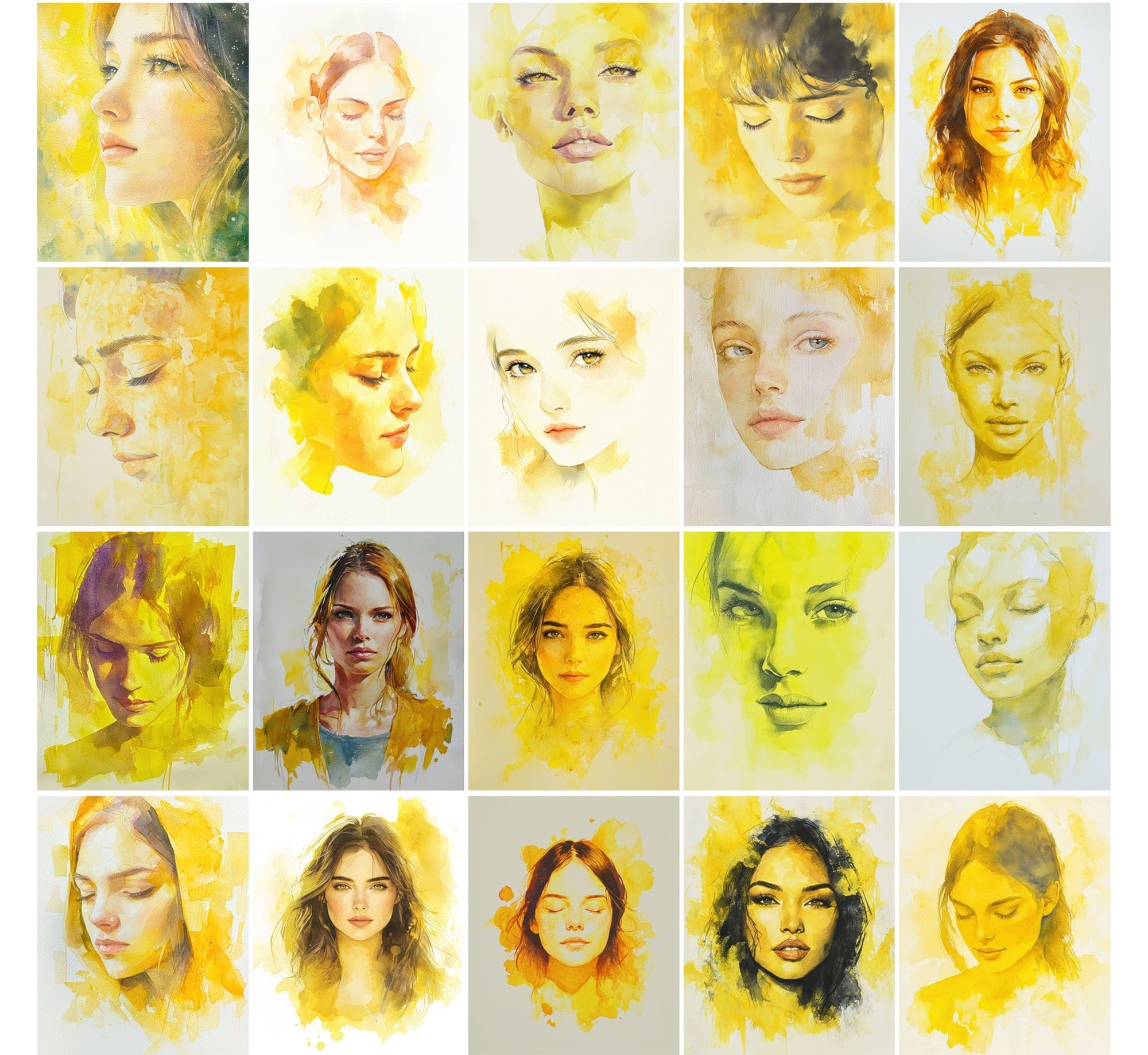 550 Watercolor-Style Girl Portraits | Delicate Digital Art Pack Digital Download Sumobundle