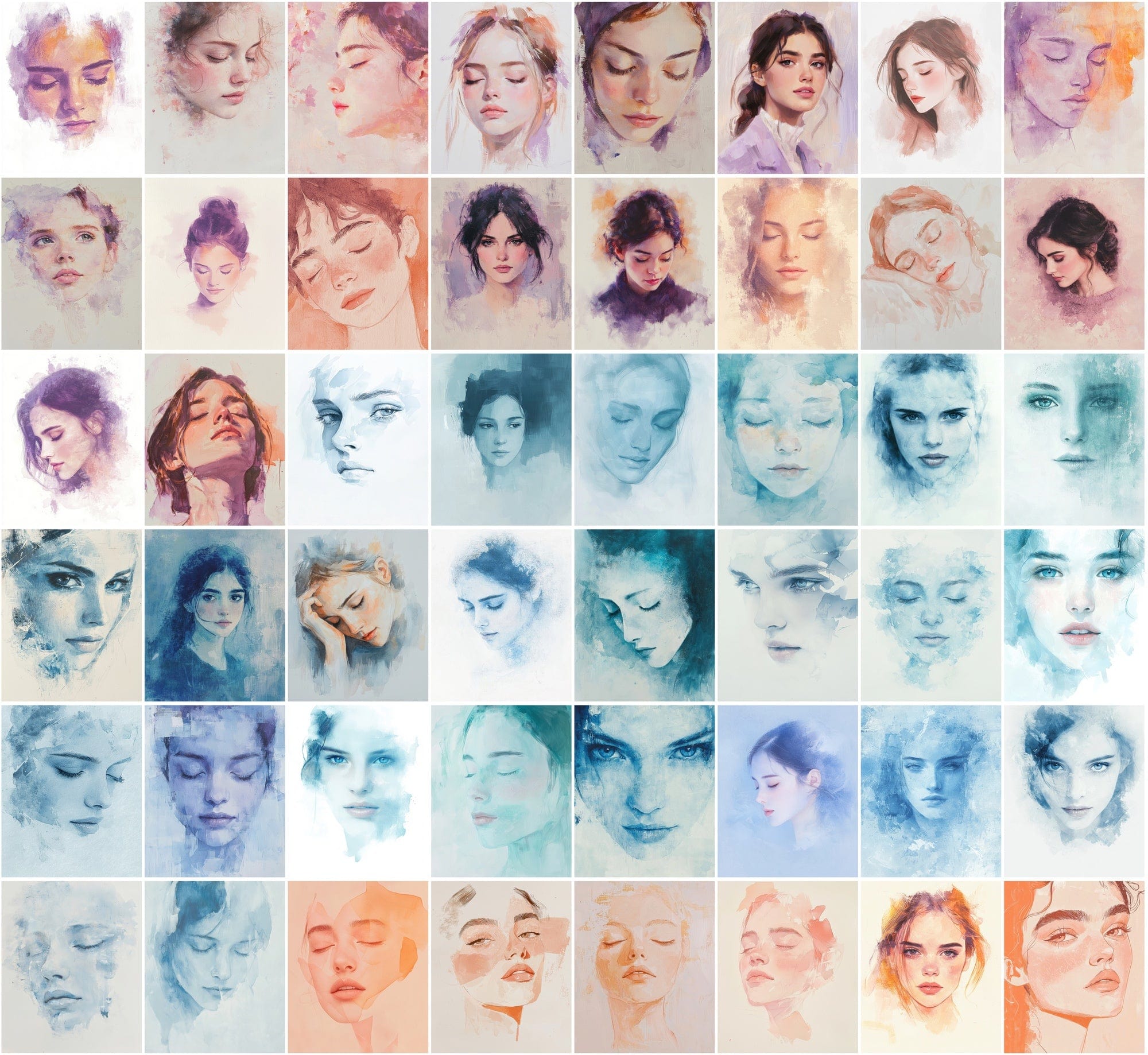 550 Watercolor-Style Girl Portraits | Delicate Digital Art Pack Digital Download Sumobundle