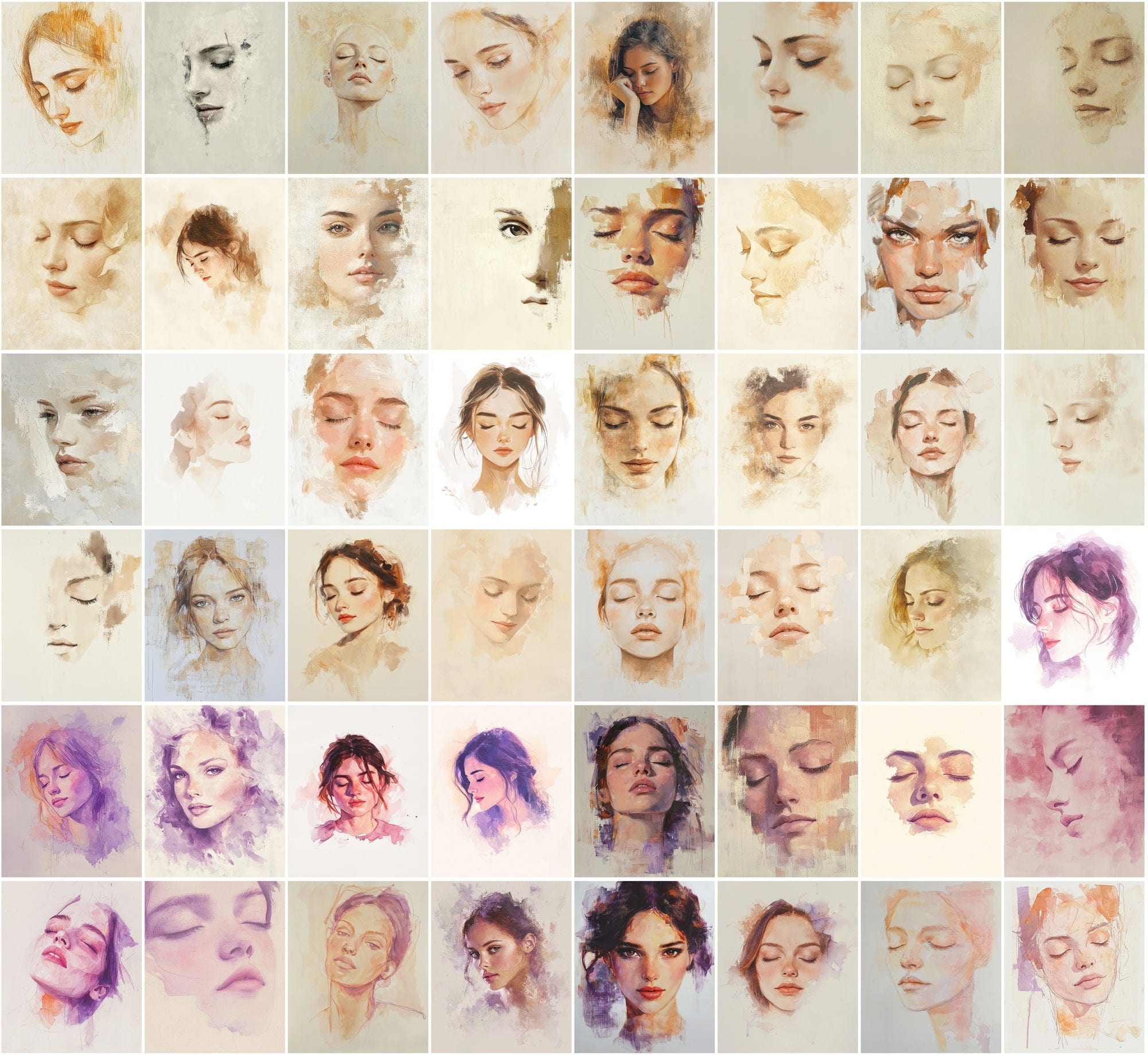 550 Watercolor-Style Girl Portraits | Delicate Digital Art Pack Digital Download Sumobundle