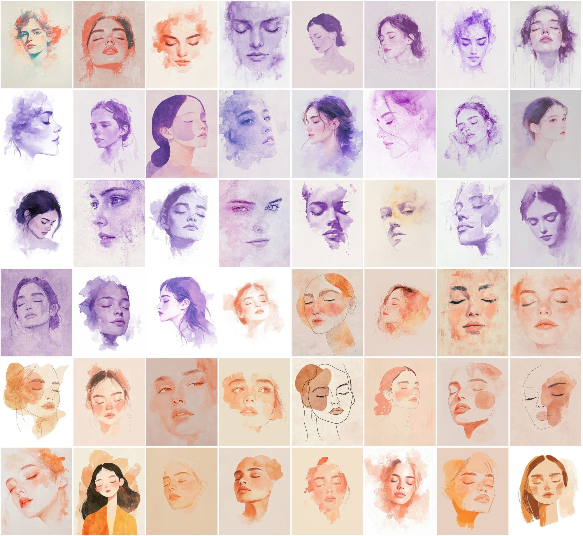550 Watercolor-Style Girl Portraits | Delicate Digital Art Pack Digital Download Sumobundle