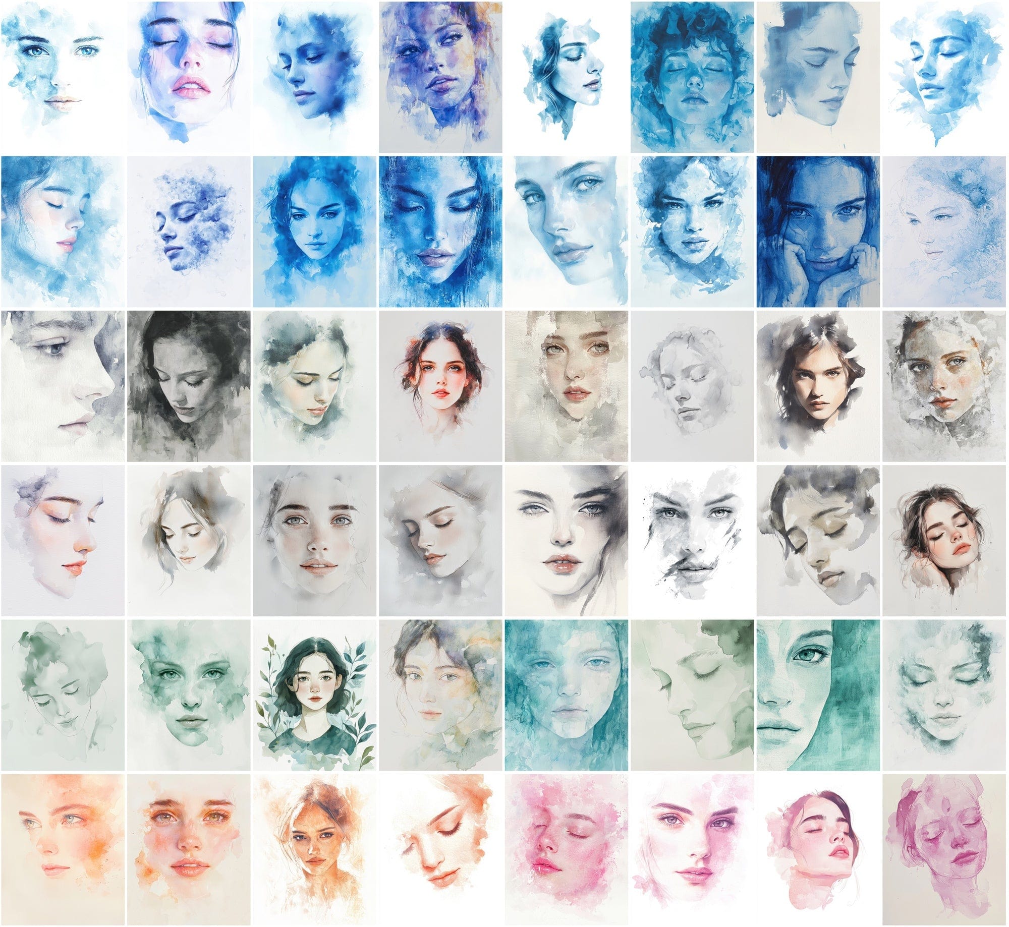 550 Watercolor-Style Girl Portraits | Delicate Digital Art Pack Digital Download Sumobundle