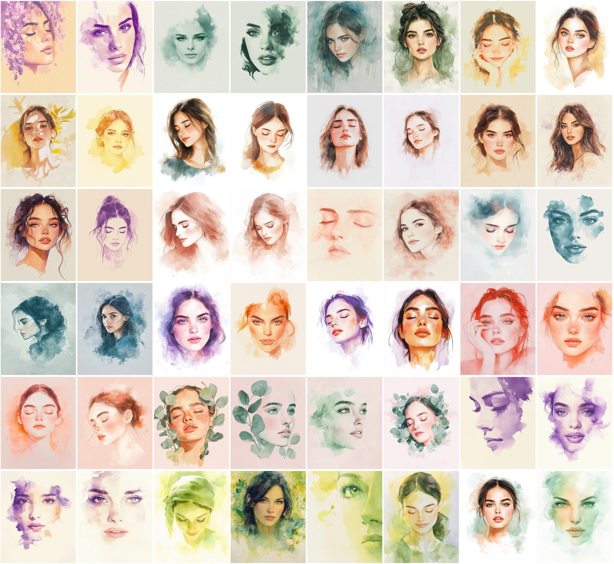 550 Watercolor-Style Girl Portraits | Delicate Digital Art Pack Digital Download Sumobundle