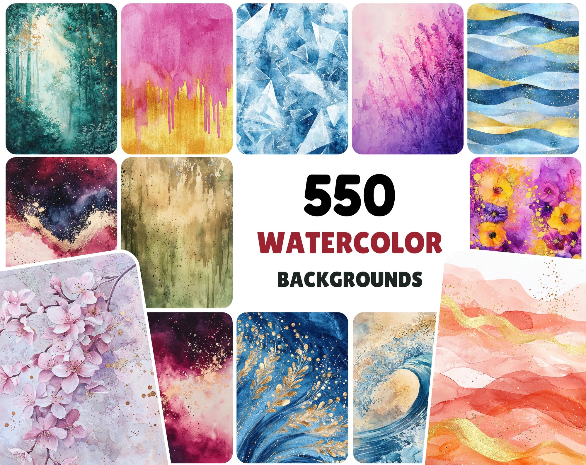 550 Watercolor Backgrounds | High-Res Abstract Splash Art JPGs with Commercial License