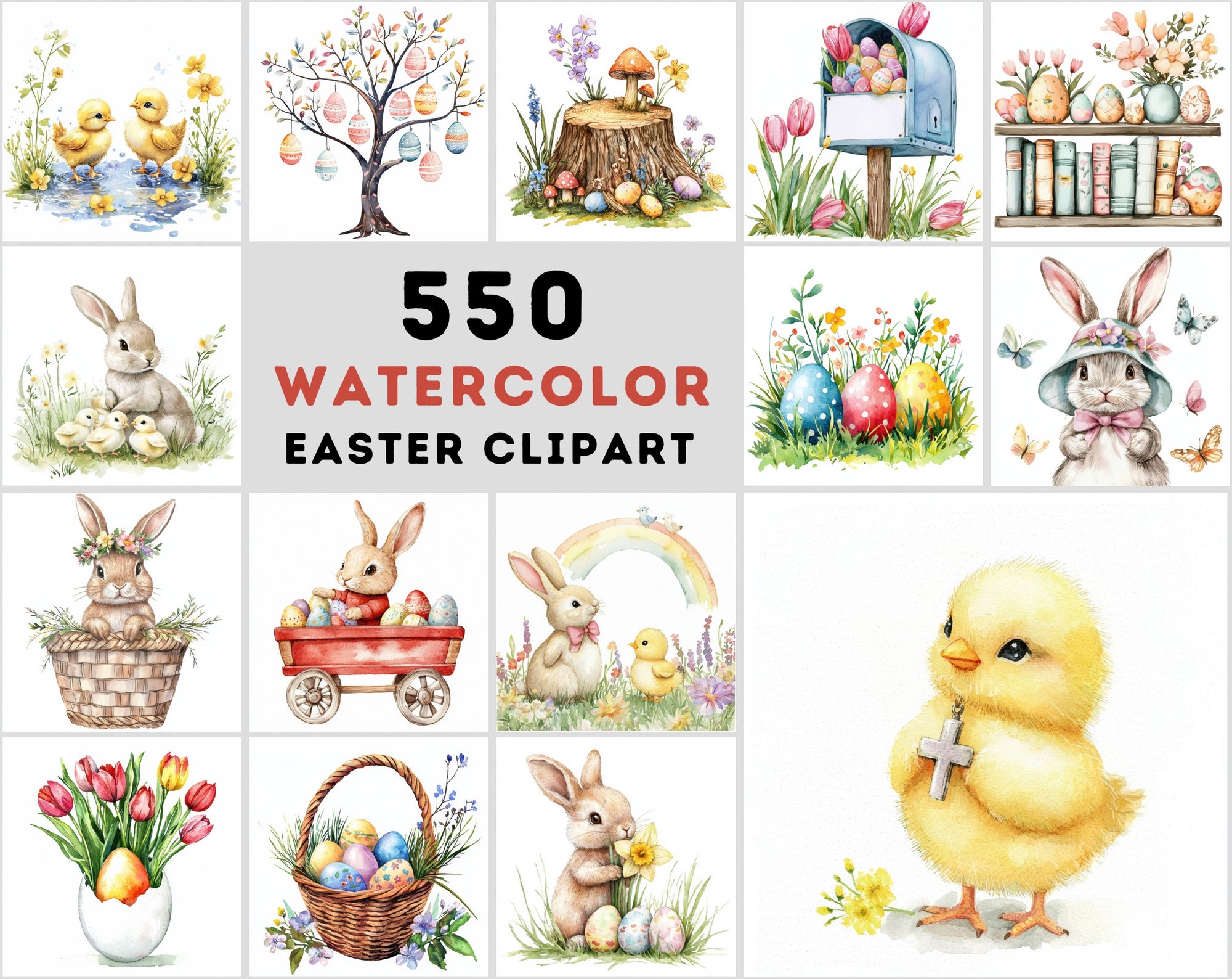 550 Watercolor Easter Clipart | Christian & Spring JPG Bundle