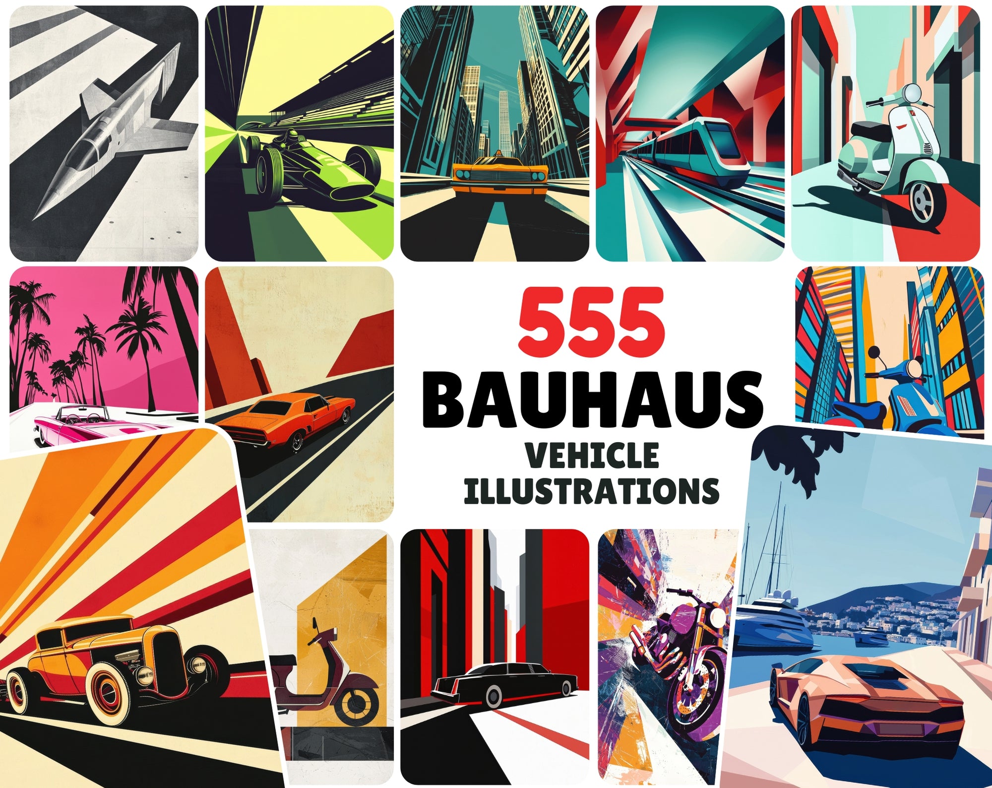 555 Bauhaus Vehicle Illustrations Bundle | City Transport Art | Geometric Digital Wall Art