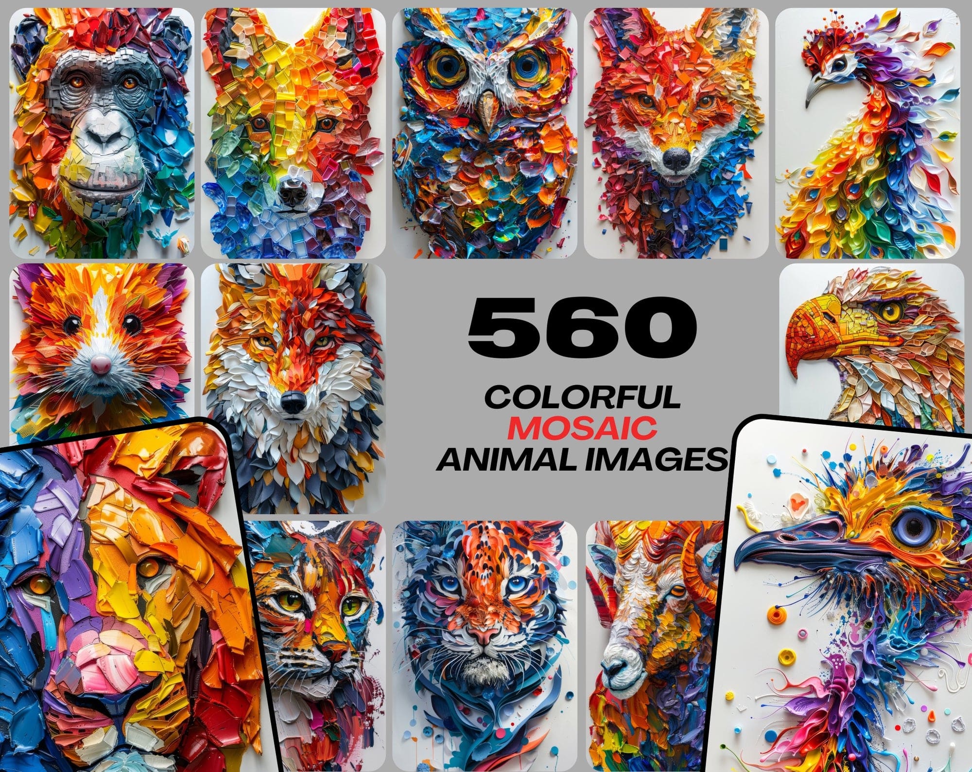 560 Vibrant Mosaic Animal Art - Colorful Abstract Wildlife Images Digital Download Sumobundle