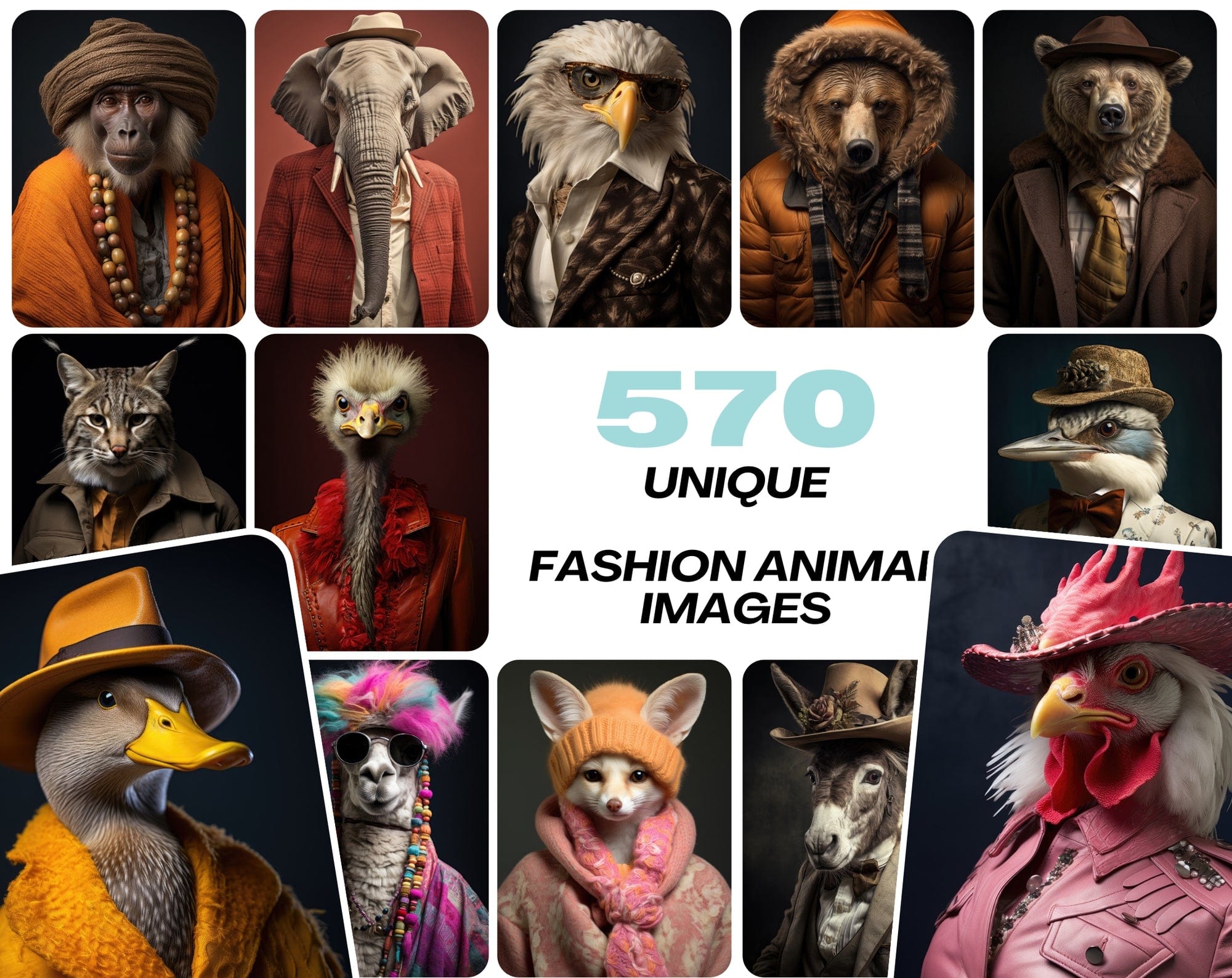 570 Cool Animals in Fashion: Surreal & Colourful JPG Images - Commercial License Included Digital Download Sumobundle