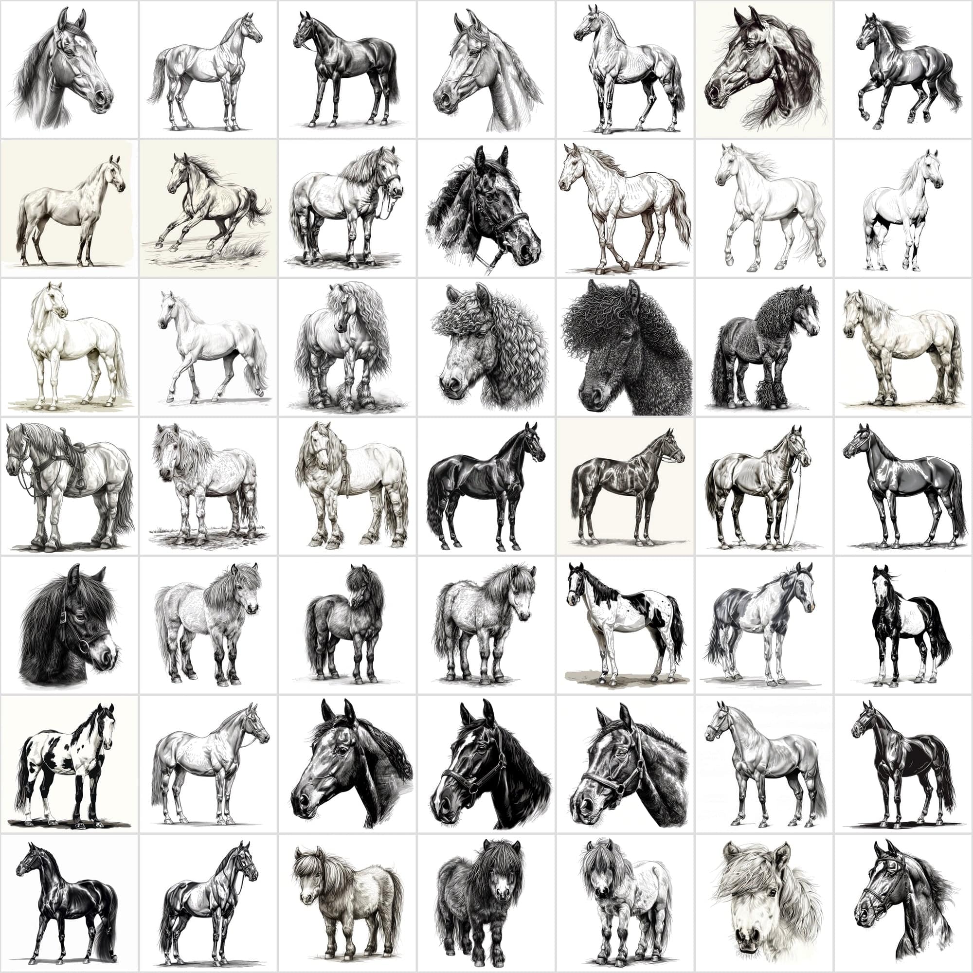 570 Horse Breed Sketches Black & White - Commercial License Digital Download Sumobundle
