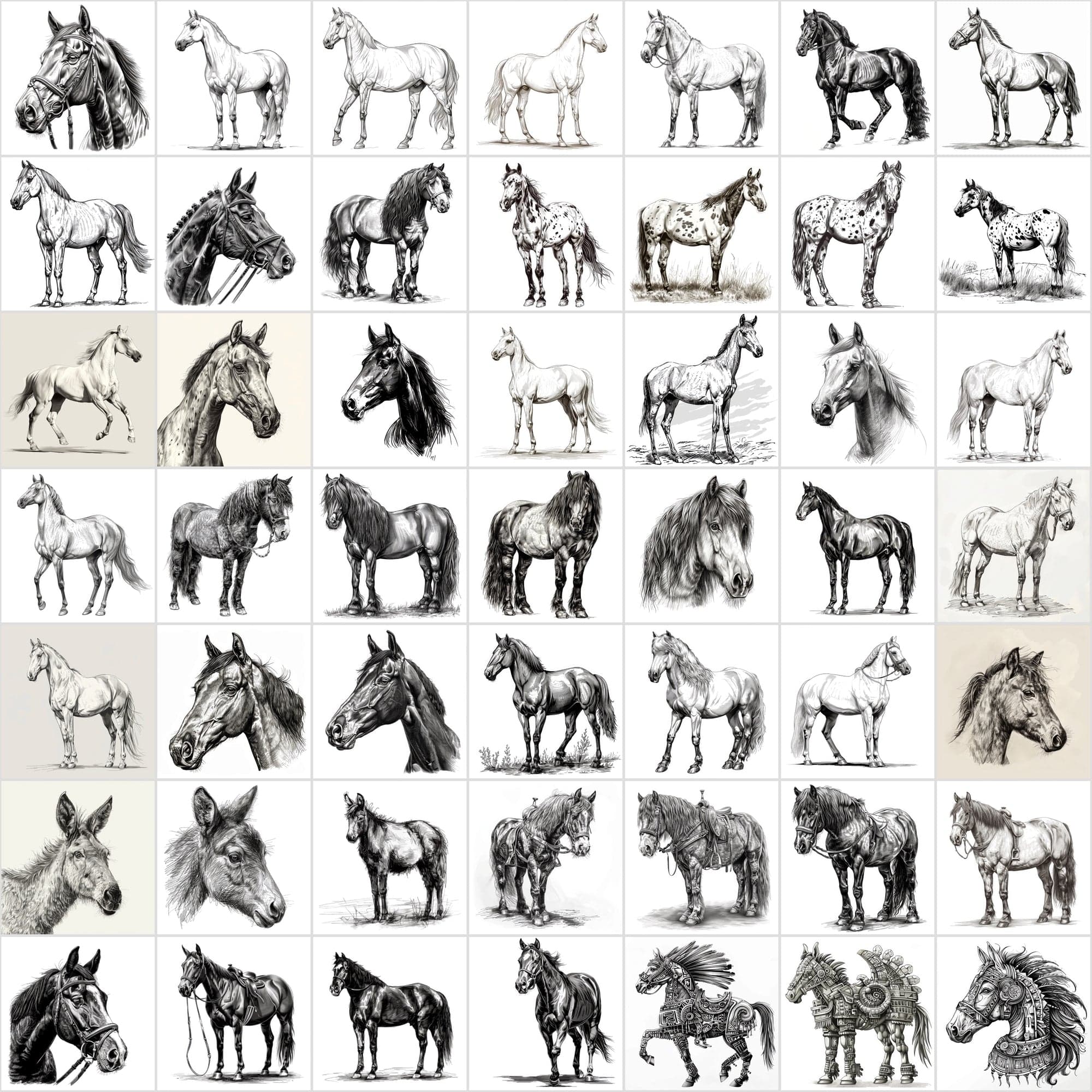 570 Horse Breed Sketches Black & White - Commercial License Digital Download Sumobundle