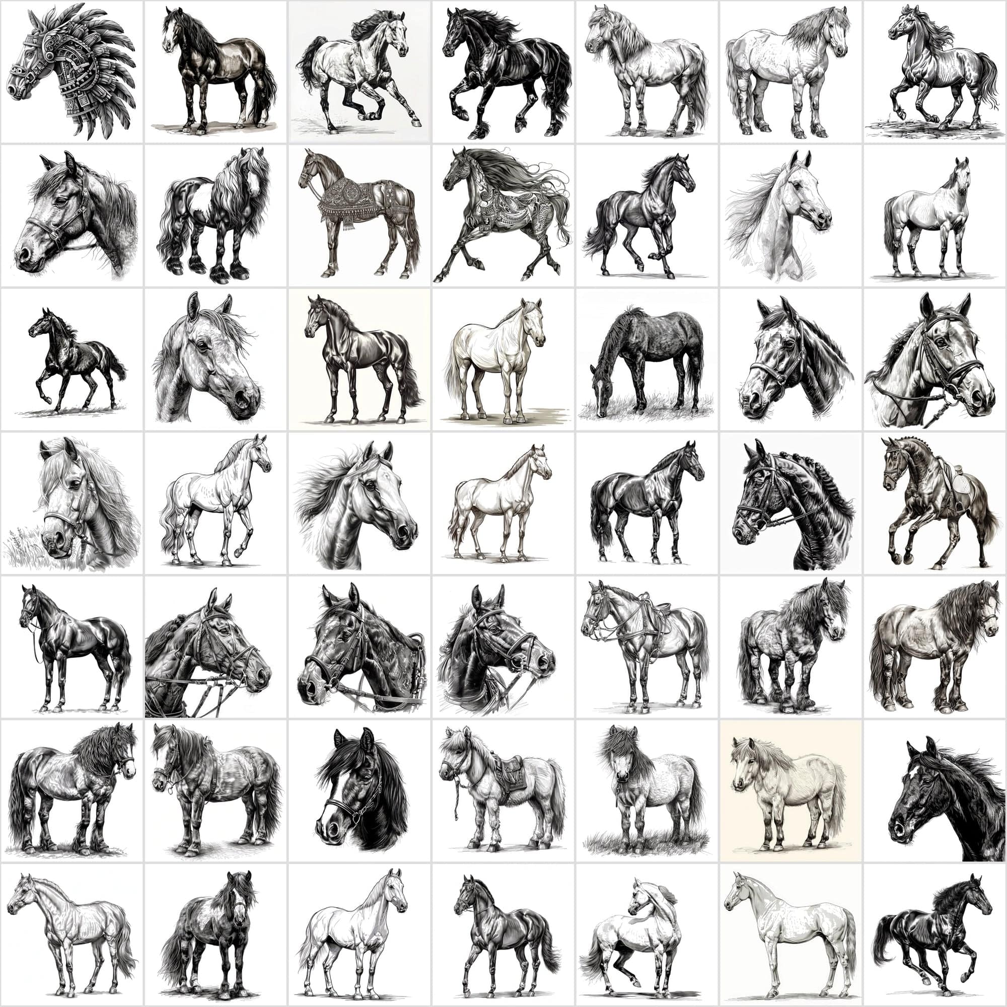 570 Horse Breed Sketches Black & White - Commercial License Digital Download Sumobundle