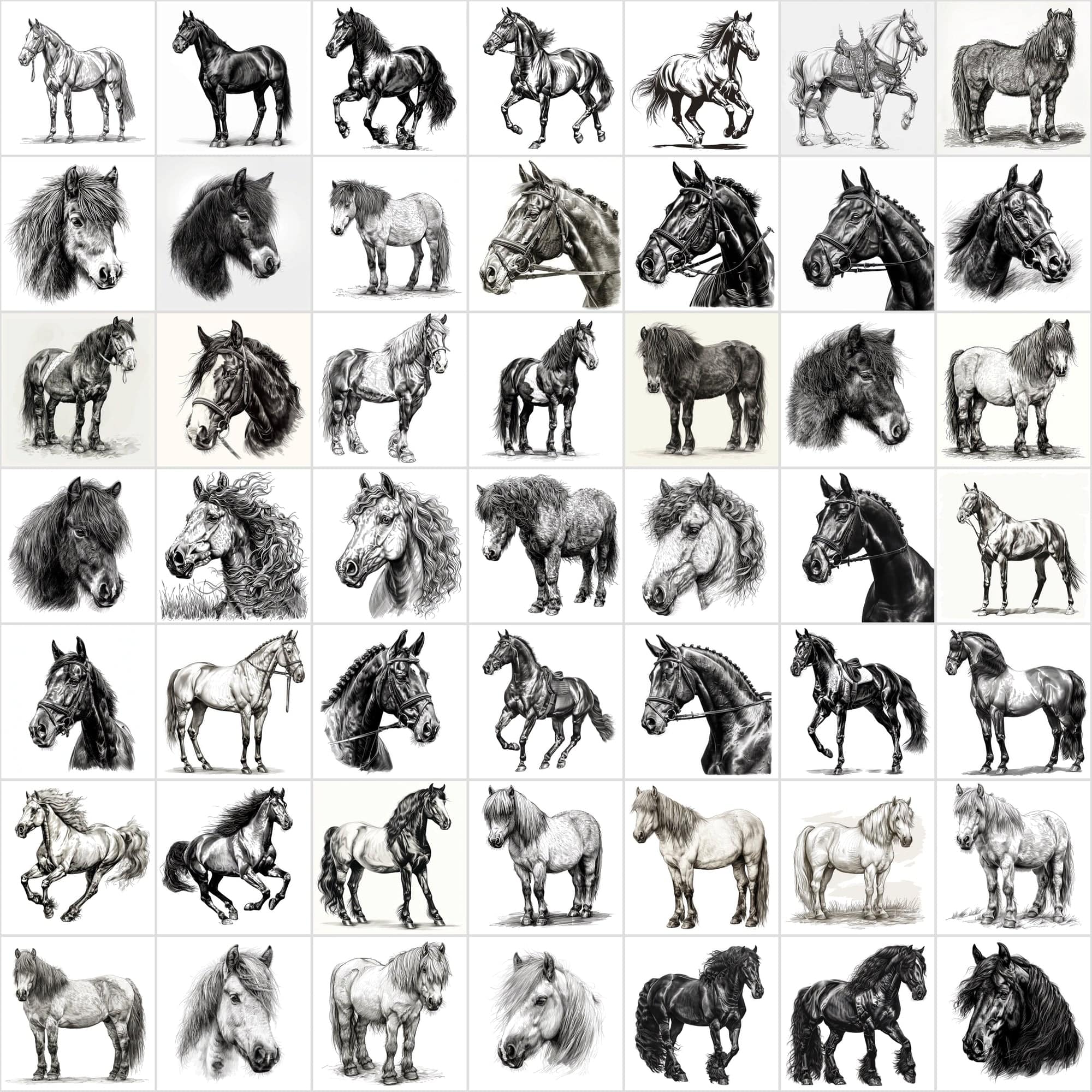 570 Horse Breed Sketches Black & White - Commercial License Digital Download Sumobundle