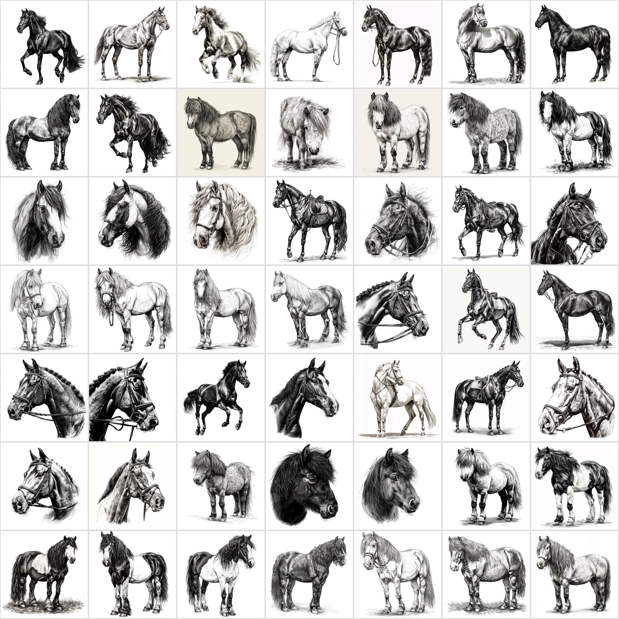 570 Horse Breed Sketches Black & White - Commercial License Digital Download Sumobundle