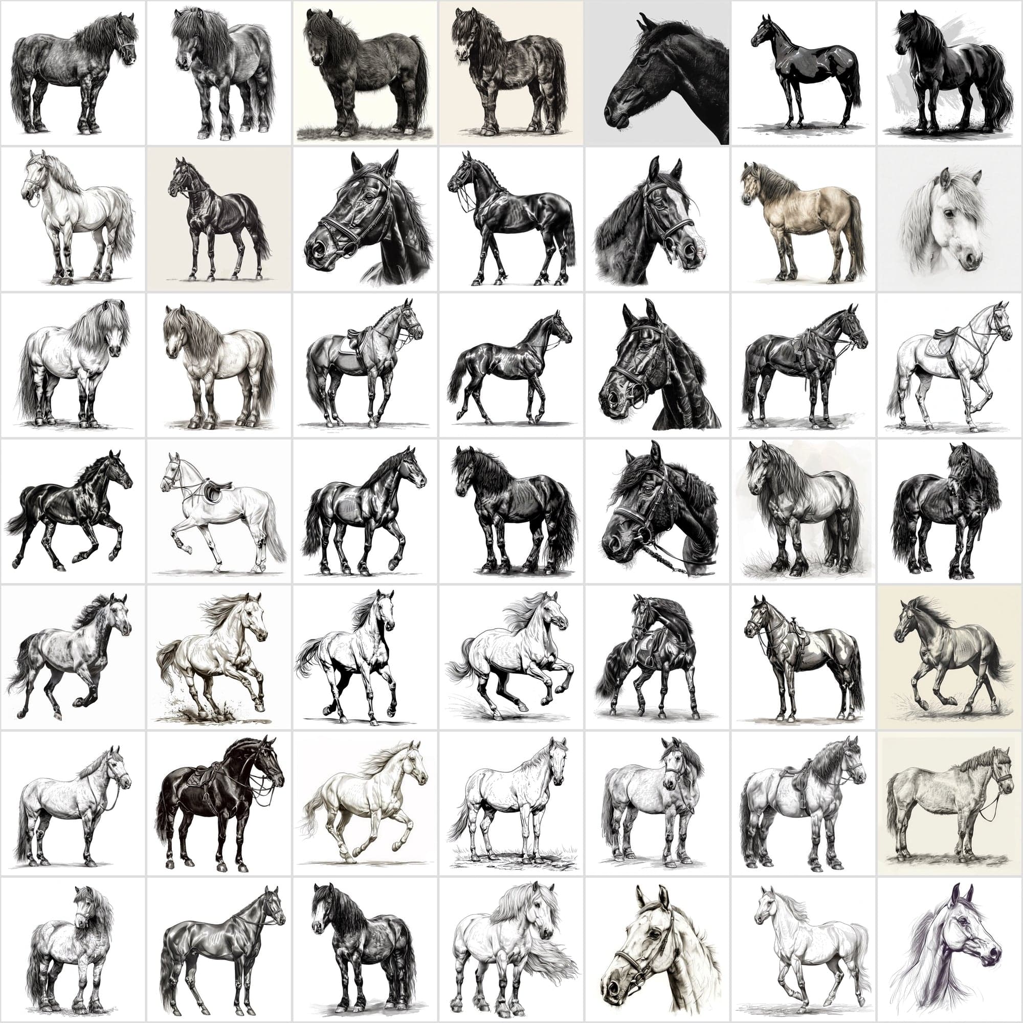 570 Horse Breed Sketches Black & White - Commercial License Digital Download Sumobundle