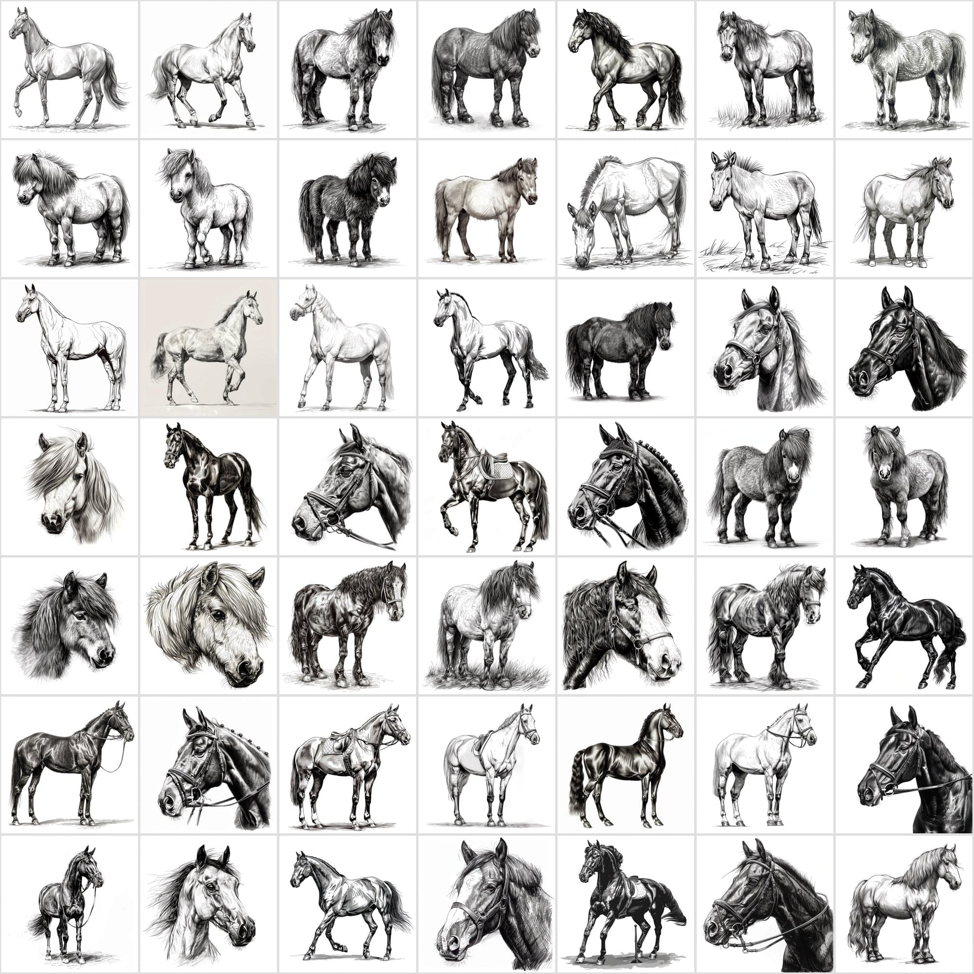 570 Horse Breed Sketches Black & White - Commercial License Digital Download Sumobundle
