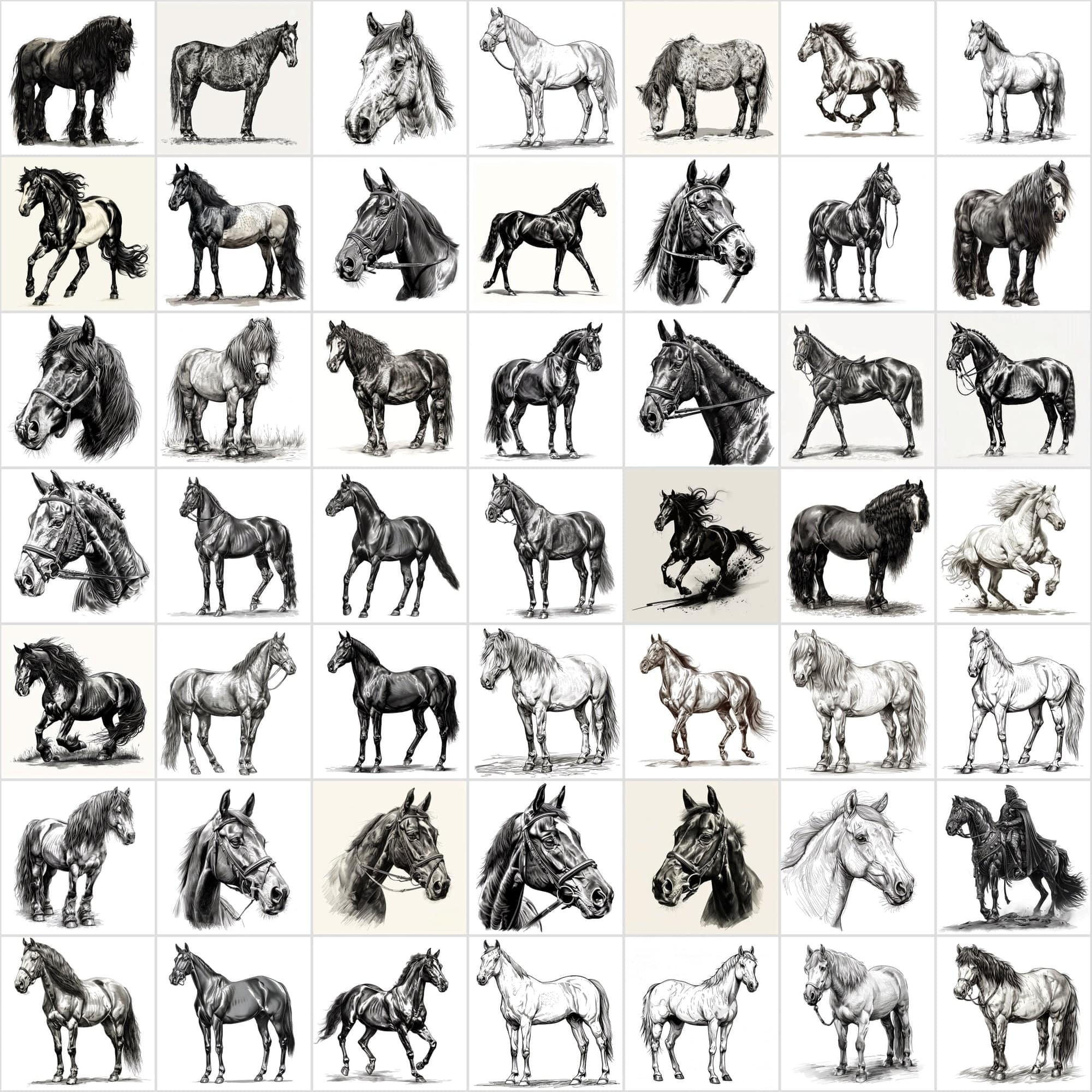 570 Horse Breed Sketches Black & White - Commercial License Digital Download Sumobundle