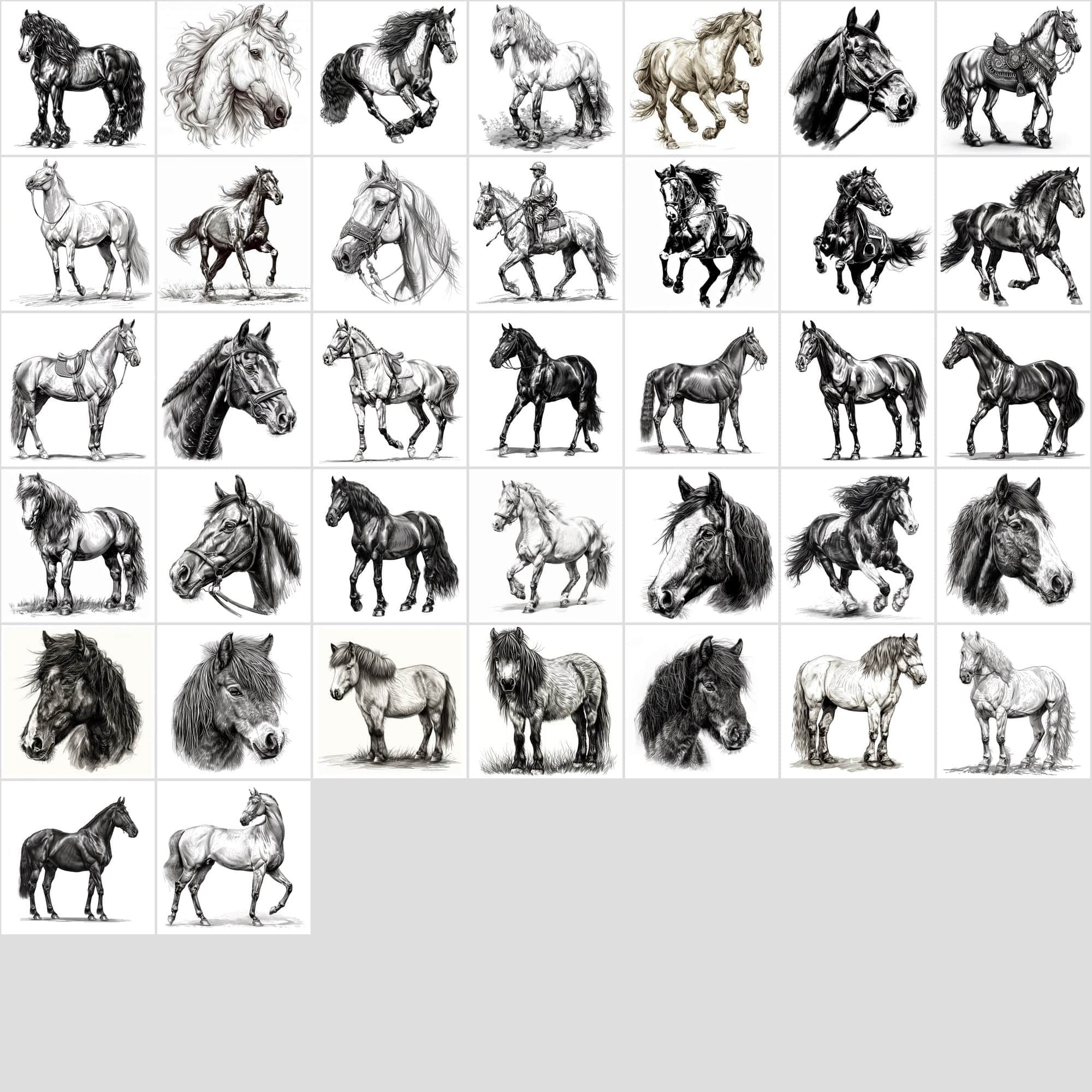 570 Horse Breed Sketches Black & White - Commercial License Digital Download Sumobundle