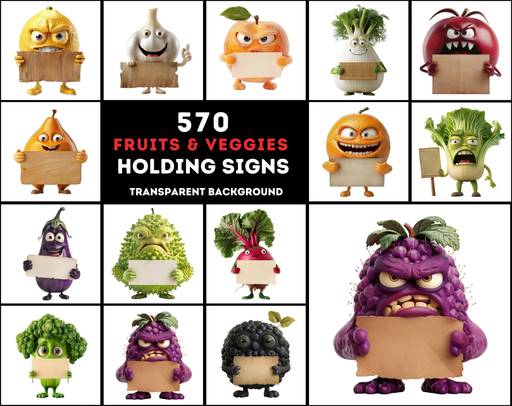 570 Transparent Fruits & Veggies Holding Signs Digital Download Sumobundle