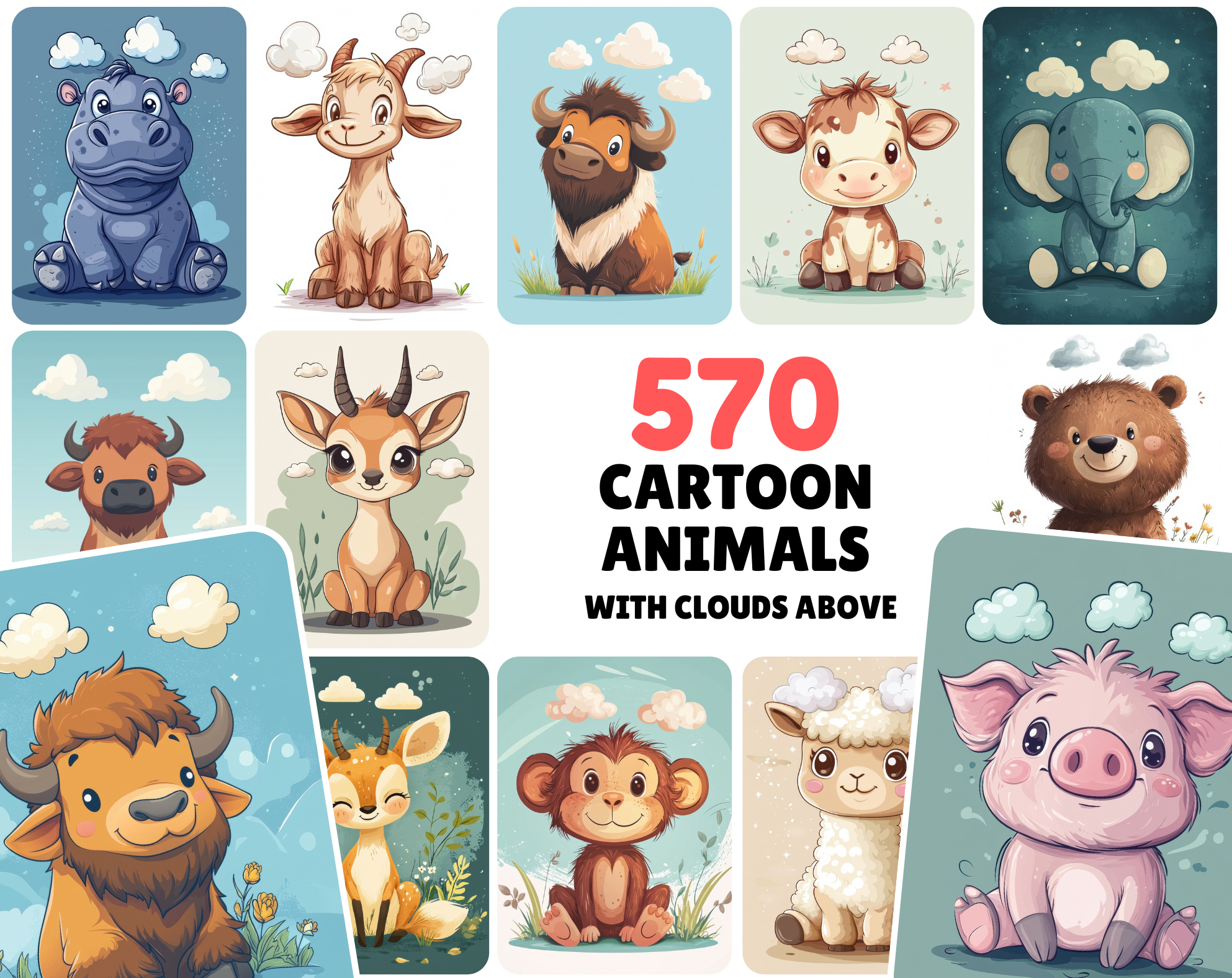 570 Cartoon Animals with Clouds Above Their Heads