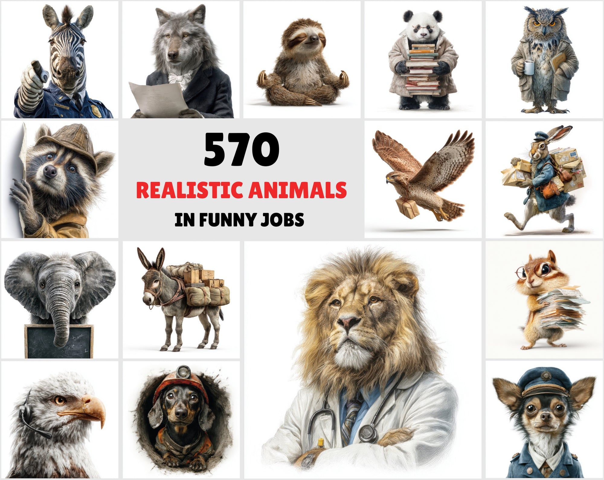 570 Realistic Animal Illustrations in Unique Professions
