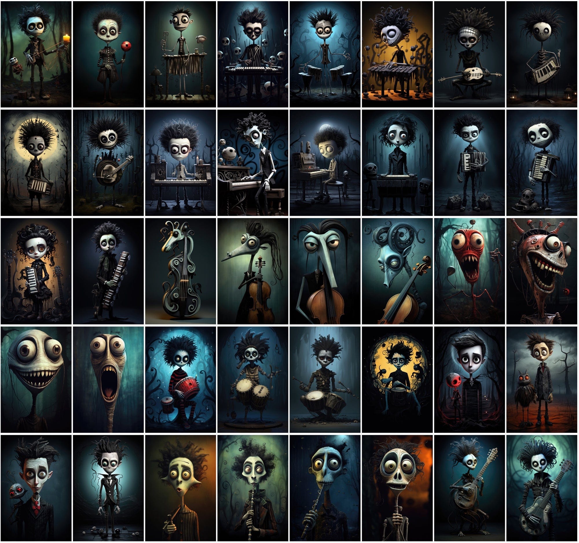 580 Dark & Dreamy Characters with Musical Instruments - Unique Wall Art Digital Download Sumobundle