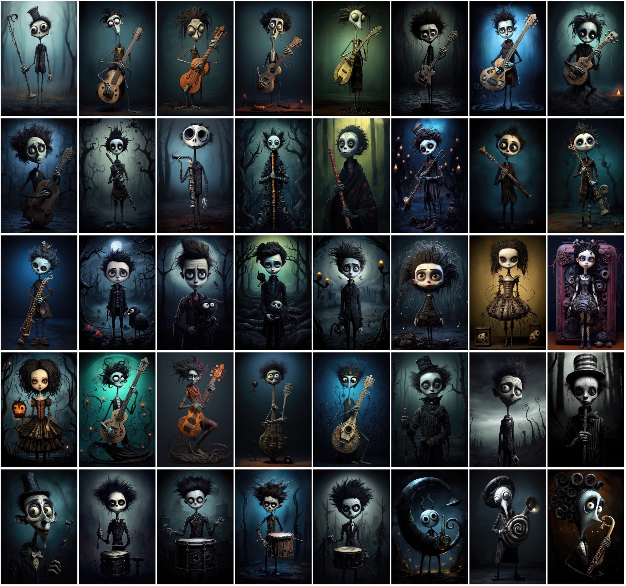 580 Dark & Dreamy Characters with Musical Instruments - Unique Wall Art Digital Download Sumobundle