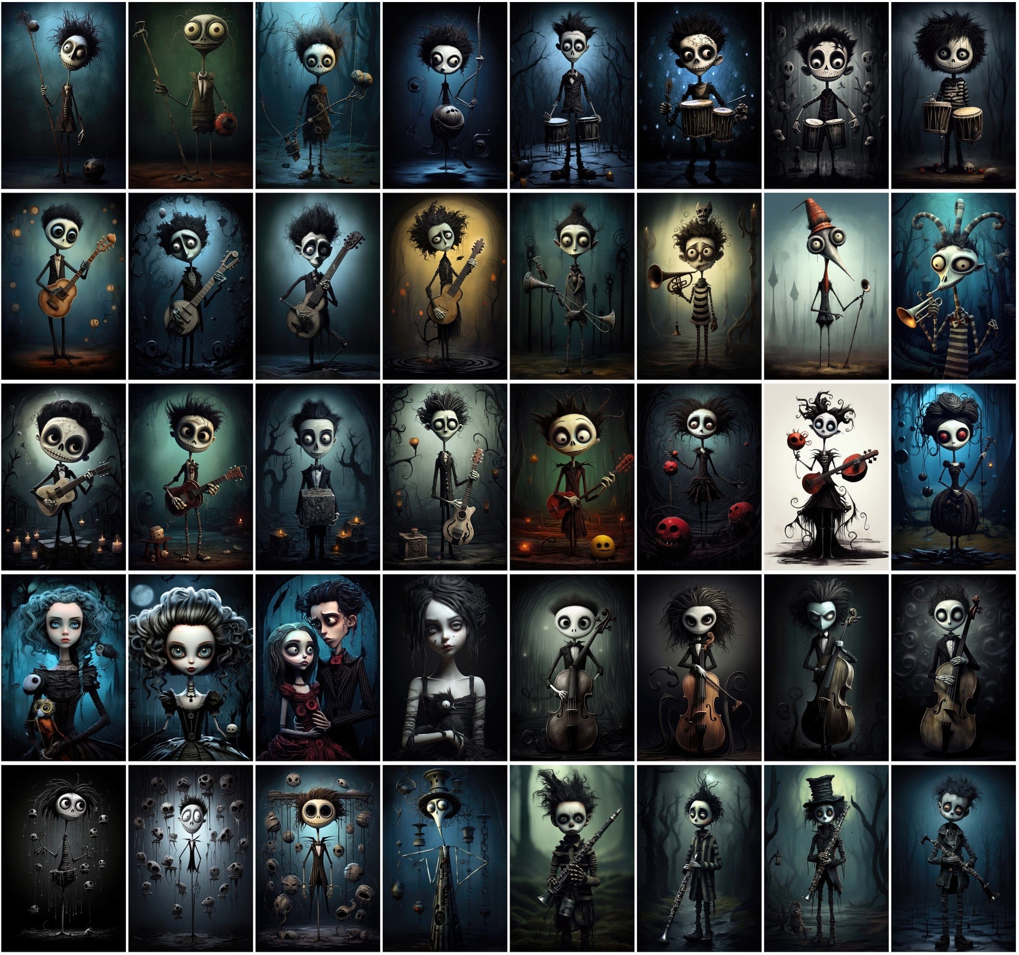 580 Dark & Dreamy Characters with Musical Instruments - Unique Wall Art Digital Download Sumobundle