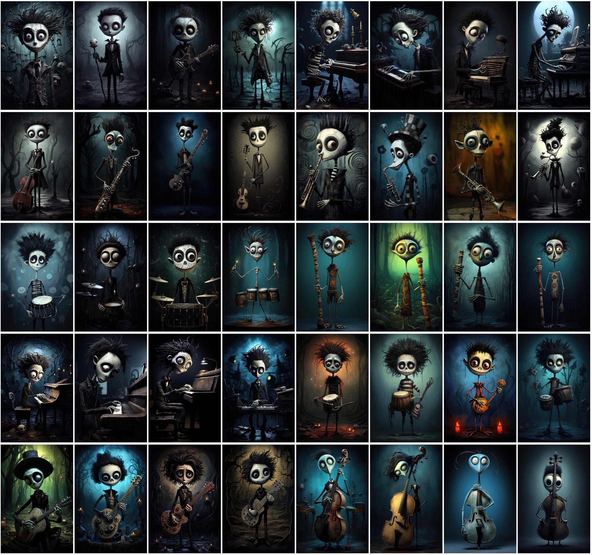 580 Dark & Dreamy Characters with Musical Instruments - Unique Wall Art Digital Download Sumobundle