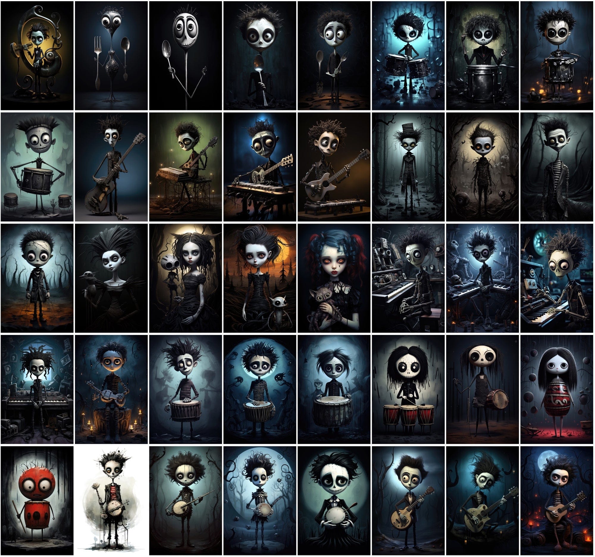580 Dark & Dreamy Characters with Musical Instruments - Unique Wall Art Digital Download Sumobundle