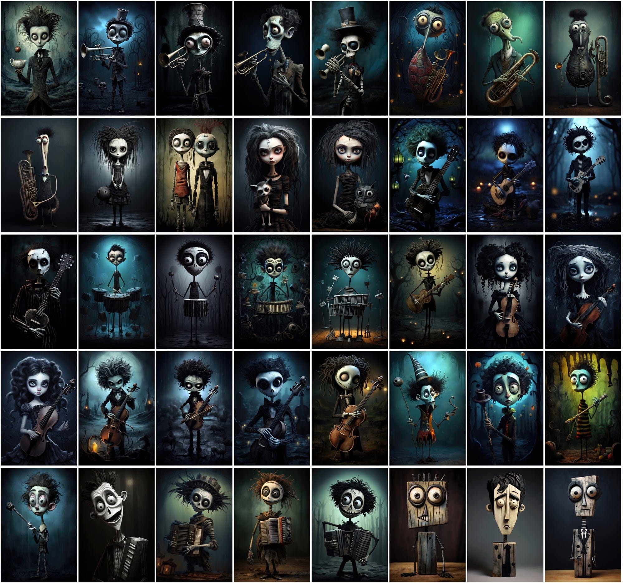 580 Dark & Dreamy Characters with Musical Instruments - Unique Wall Art Digital Download Sumobundle