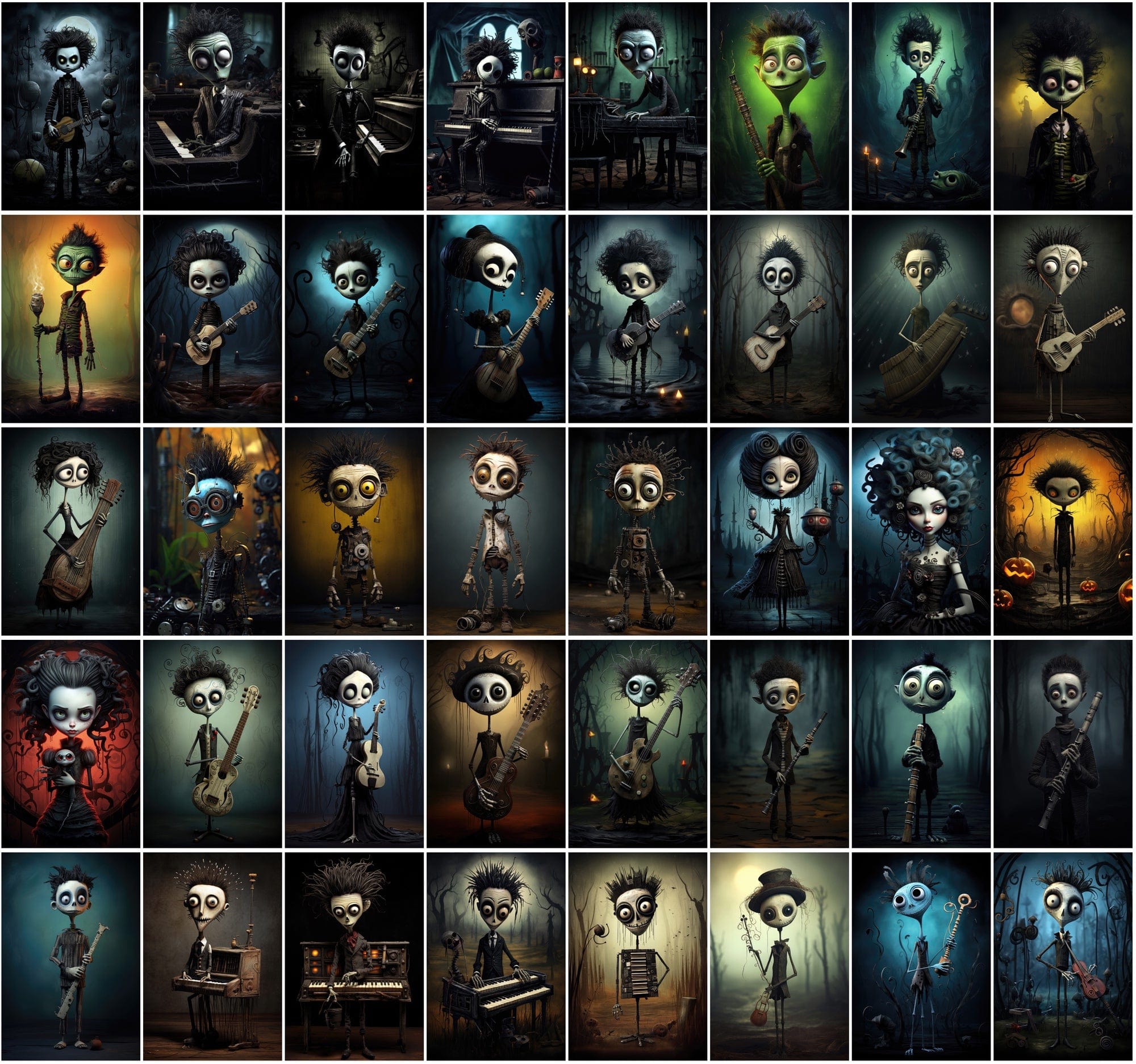 580 Dark & Dreamy Characters with Musical Instruments - Unique Wall Art Digital Download Sumobundle