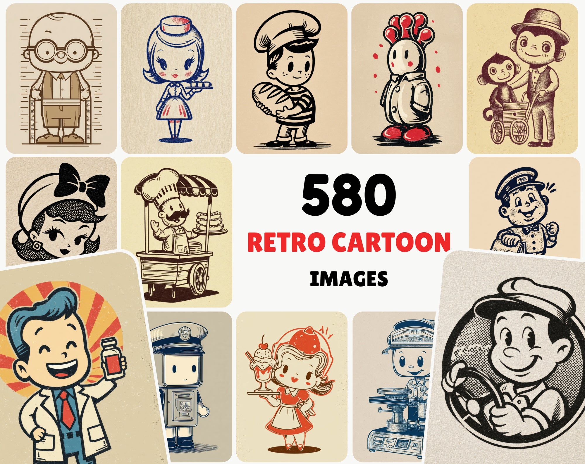580 Retro Cartoon Mascots – Vintage 1950s-Inspired Clipart for T-Shirts & Crafts