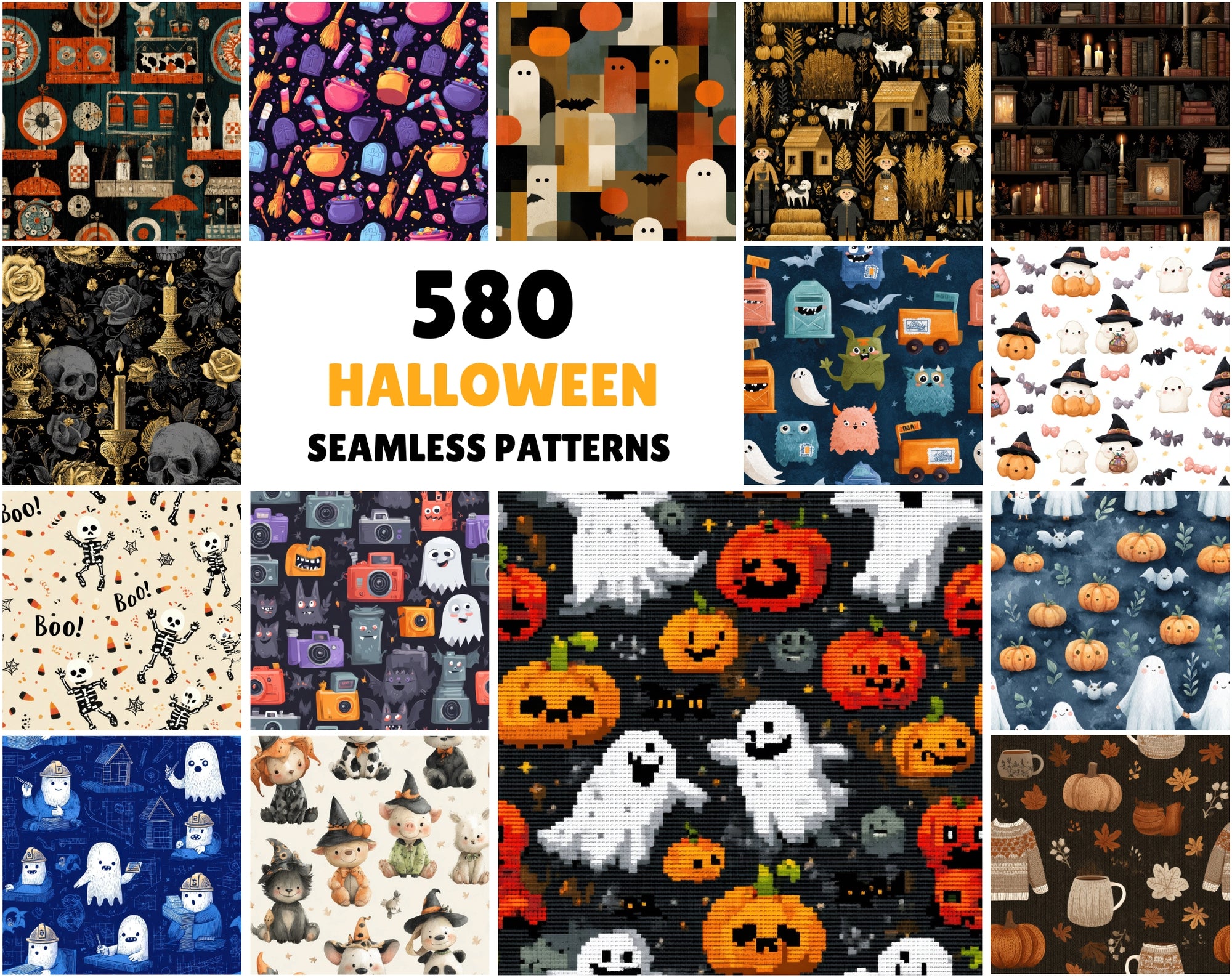 580 Seamless Halloween Patterns | Cute & Spooky JPG + PAT Files | Commercial Use