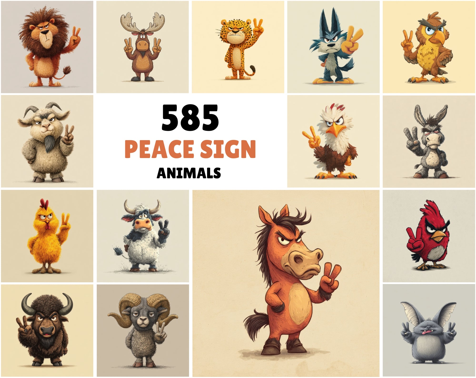 585 Peace Sign Animal Illustrations | Cute Cartoon Animals Bundle