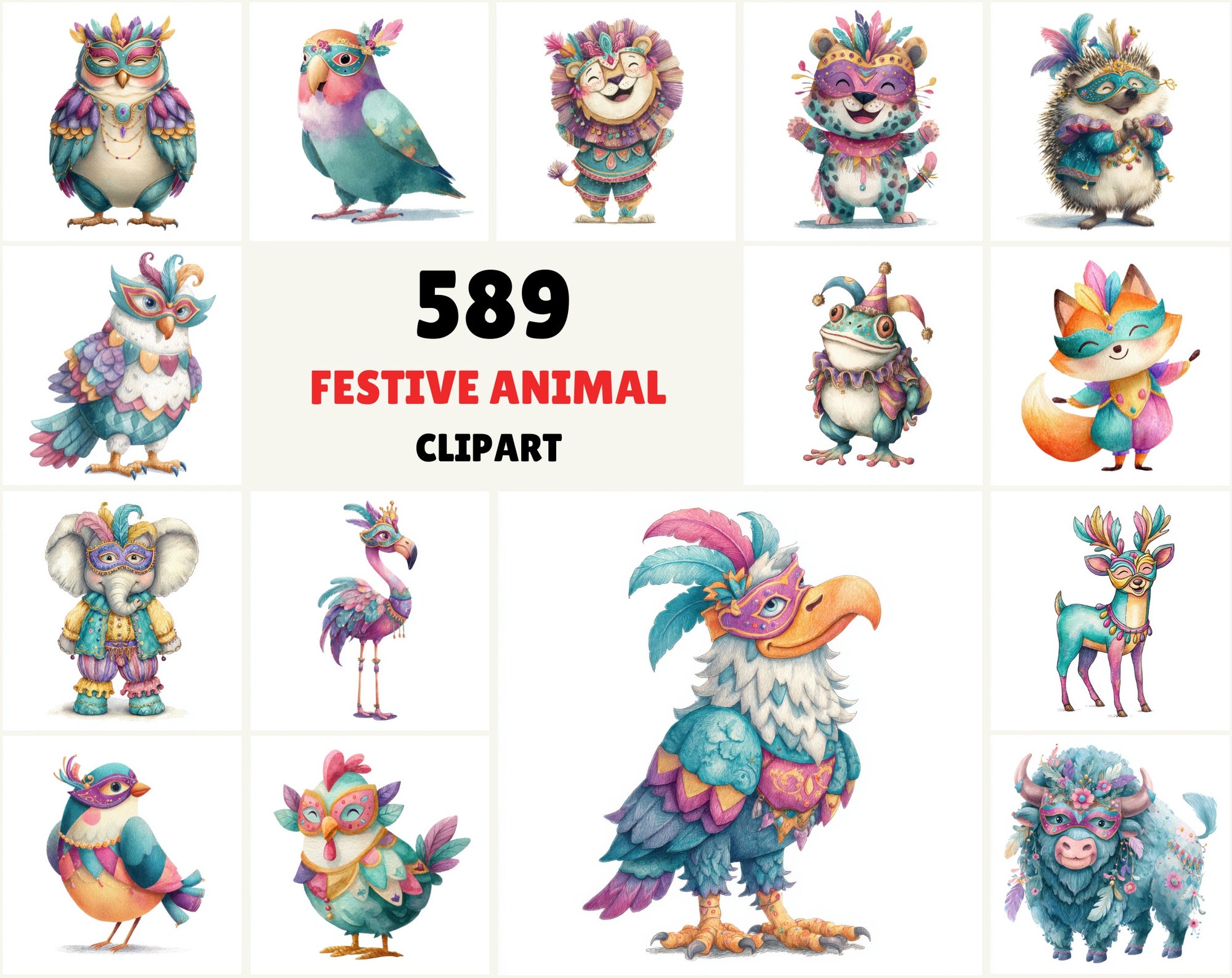 589 Festive Masquerade Animal Clipart – High-Res Watercolor JPGs with Commercial License