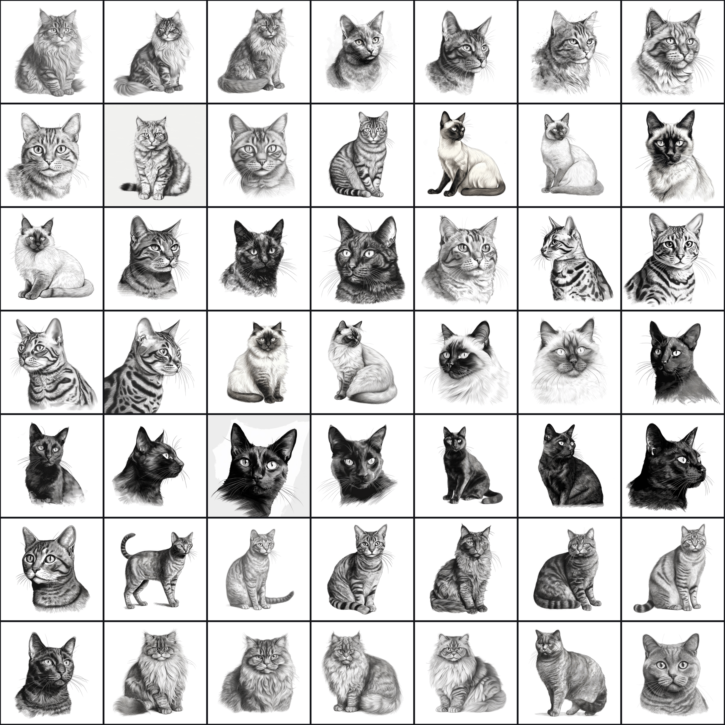 590 Sketch Cat Breed PNGs, Black & White Cat Images Digital Download Sumobundle