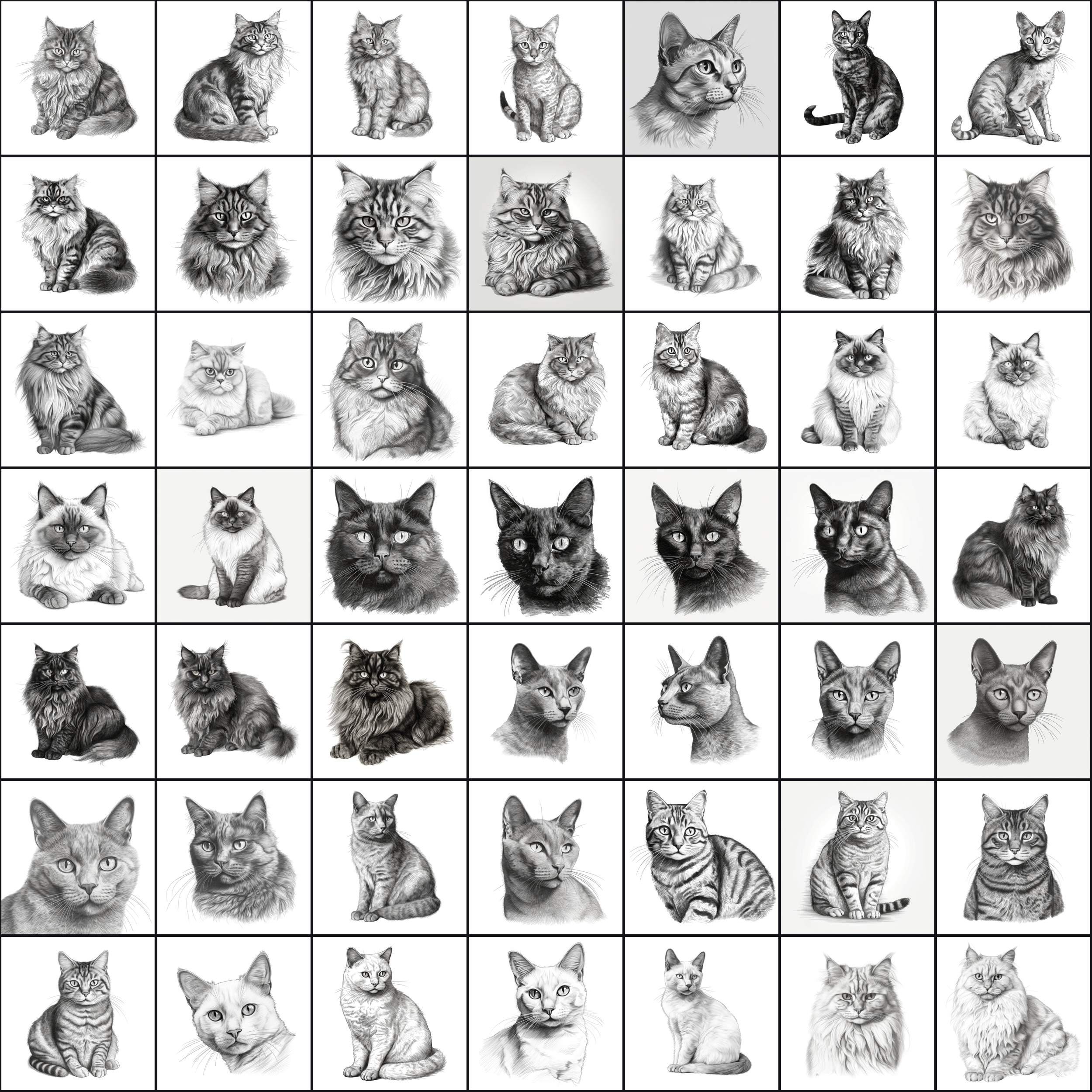 590 Sketch Cat Breed PNGs, Black & White Cat Images Digital Download Sumobundle