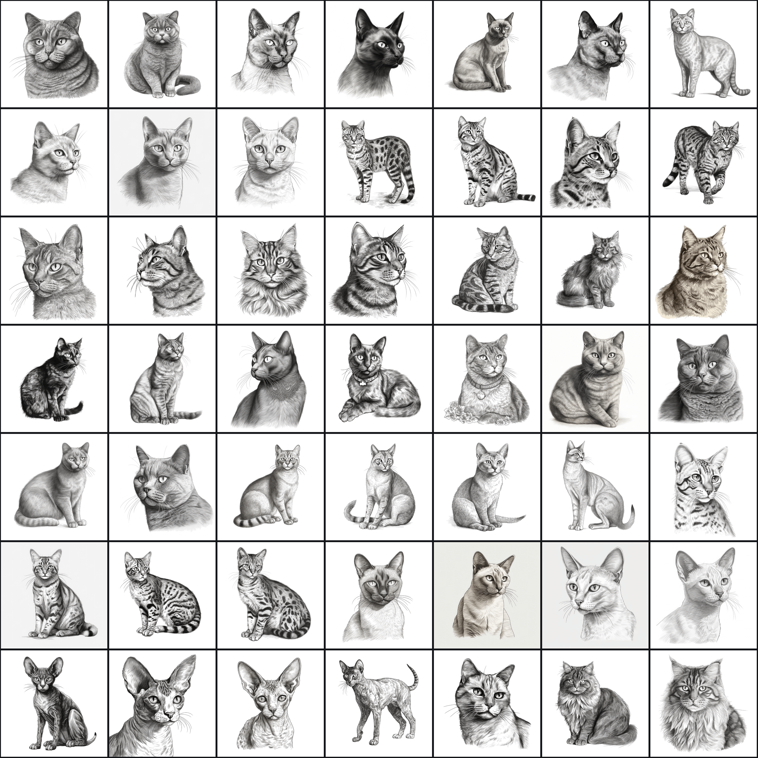590 Sketch Cat Breed PNGs, Black & White Cat Images Digital Download Sumobundle