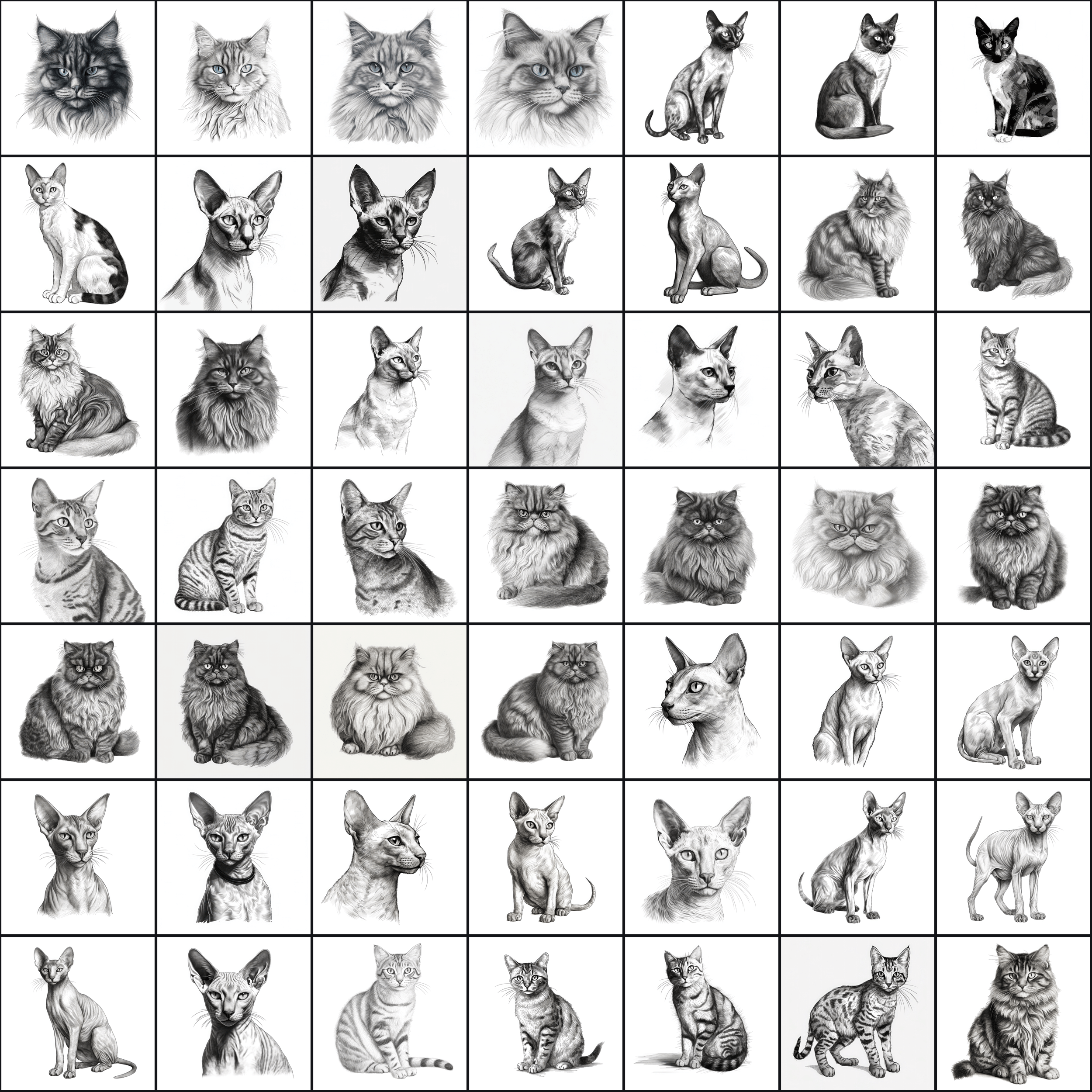 590 Sketch Cat Breed PNGs, Black & White Cat Images Digital Download Sumobundle