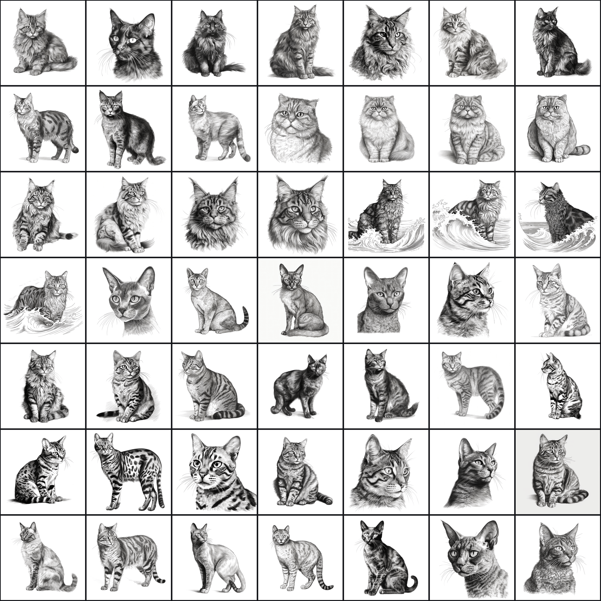 590 Sketch Cat Breed PNGs, Black & White Cat Images Digital Download Sumobundle