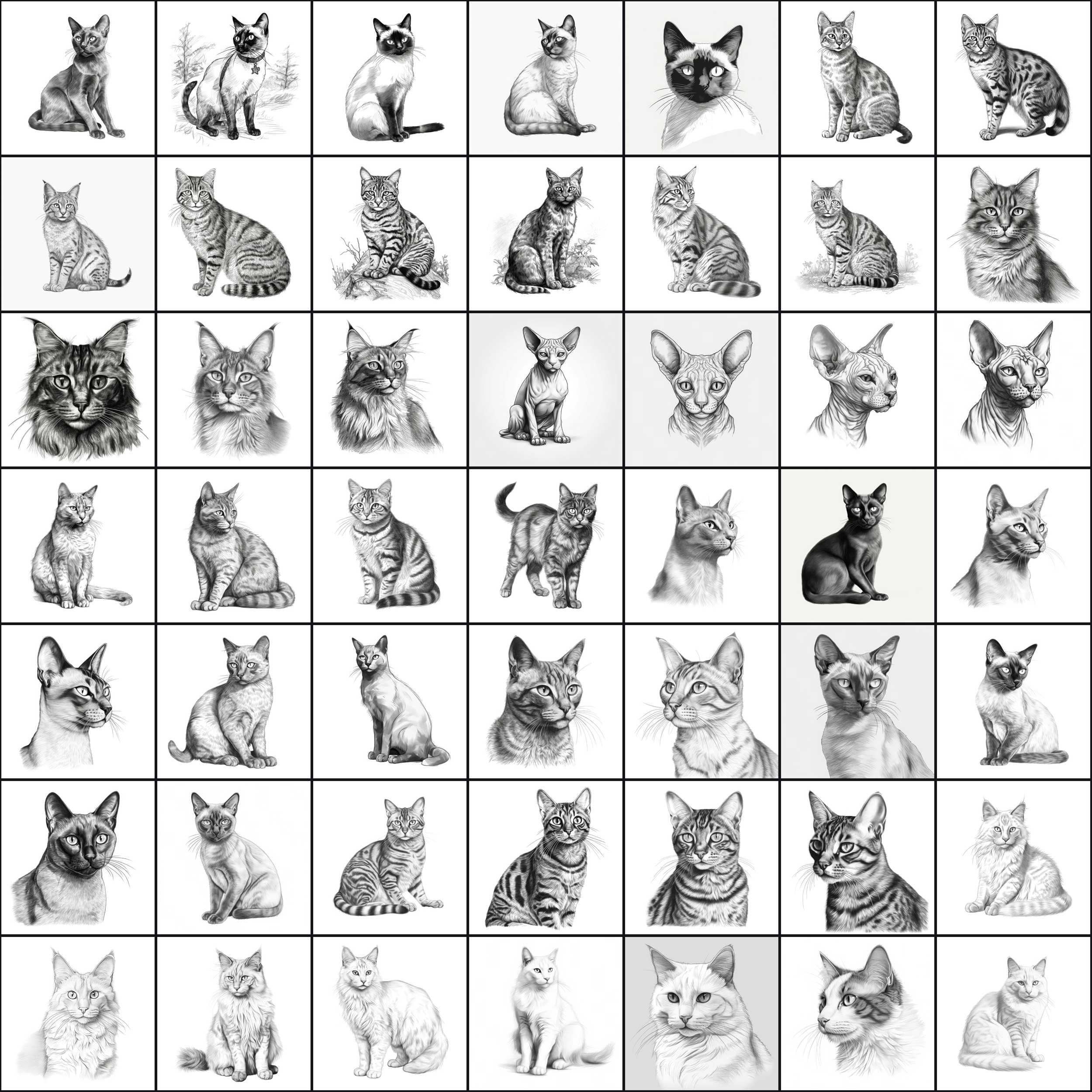 590 Sketch Cat Breed PNGs, Black & White Cat Images Digital Download Sumobundle