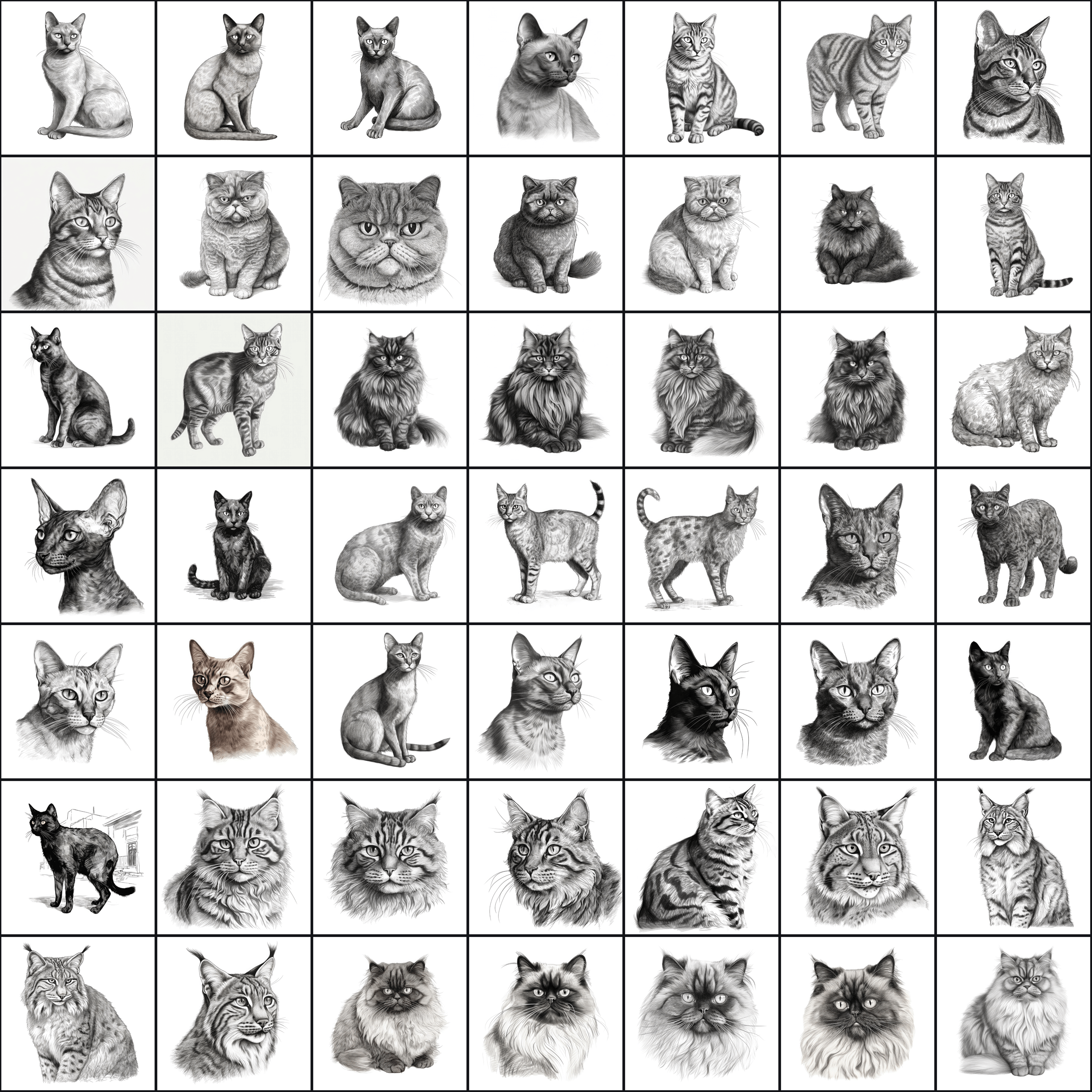 590 Sketch Cat Breed PNGs, Black & White Cat Images Digital Download Sumobundle