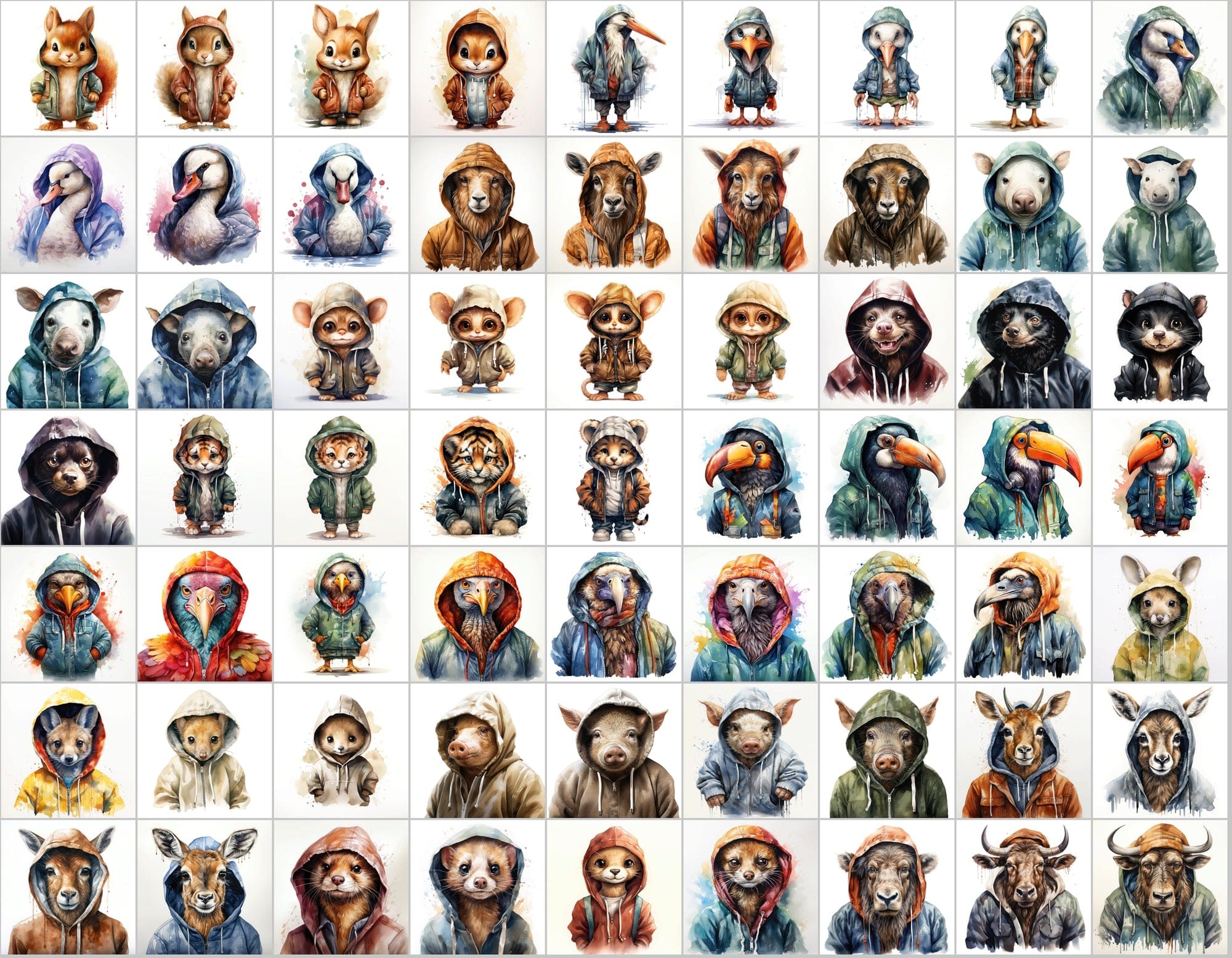 590 Watercolor Animals in Hoodies - Unleash Your Creativity with Our Watercolor Collection! Digital Download Sumobundle
