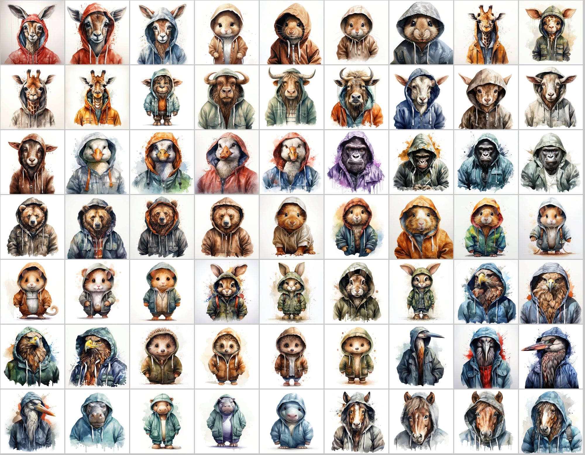 590 Watercolor Animals in Hoodies - Unleash Your Creativity with Our Watercolor Collection! Digital Download Sumobundle