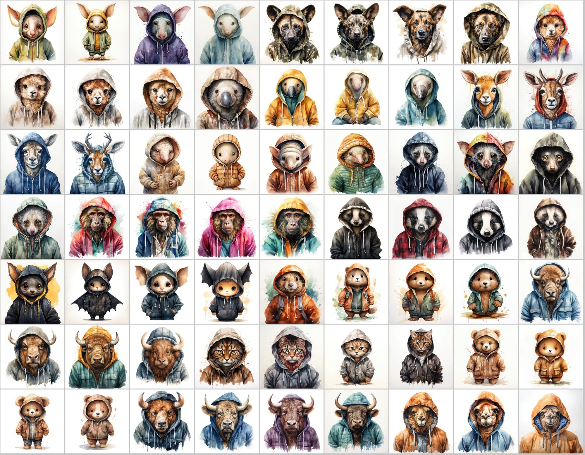 590 Watercolor Animals in Hoodies - Unleash Your Creativity with Our Watercolor Collection! Digital Download Sumobundle