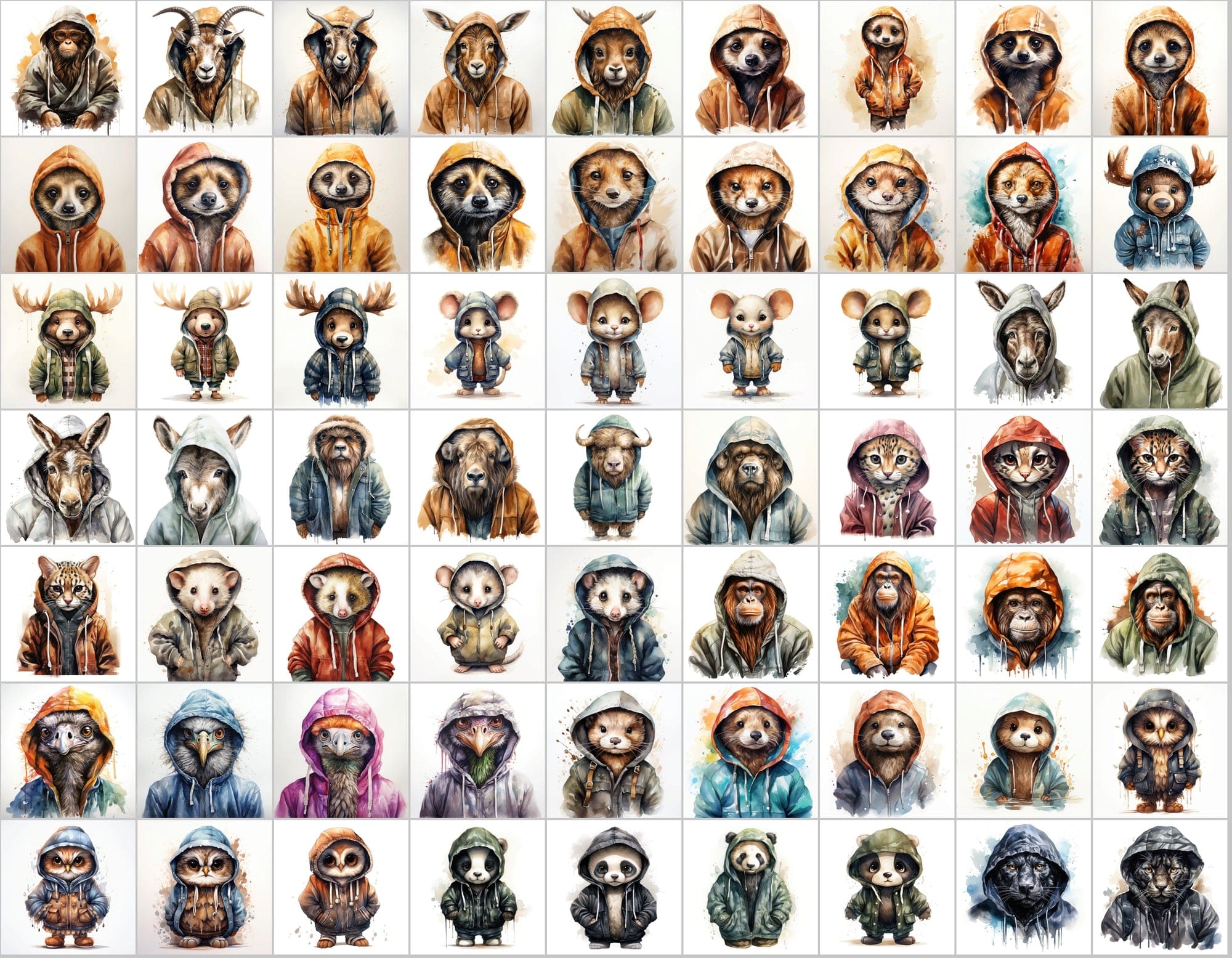 590 Watercolor Animals in Hoodies - Unleash Your Creativity with Our Watercolor Collection! Digital Download Sumobundle