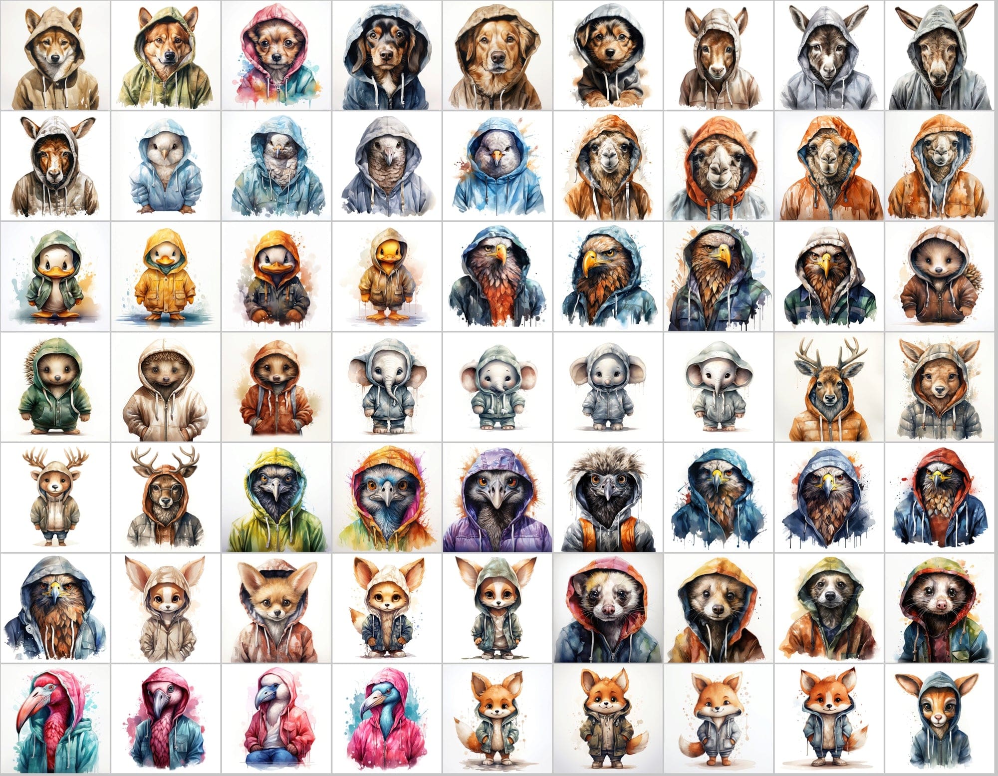 590 Watercolor Animals in Hoodies - Unleash Your Creativity with Our Watercolor Collection! Digital Download Sumobundle