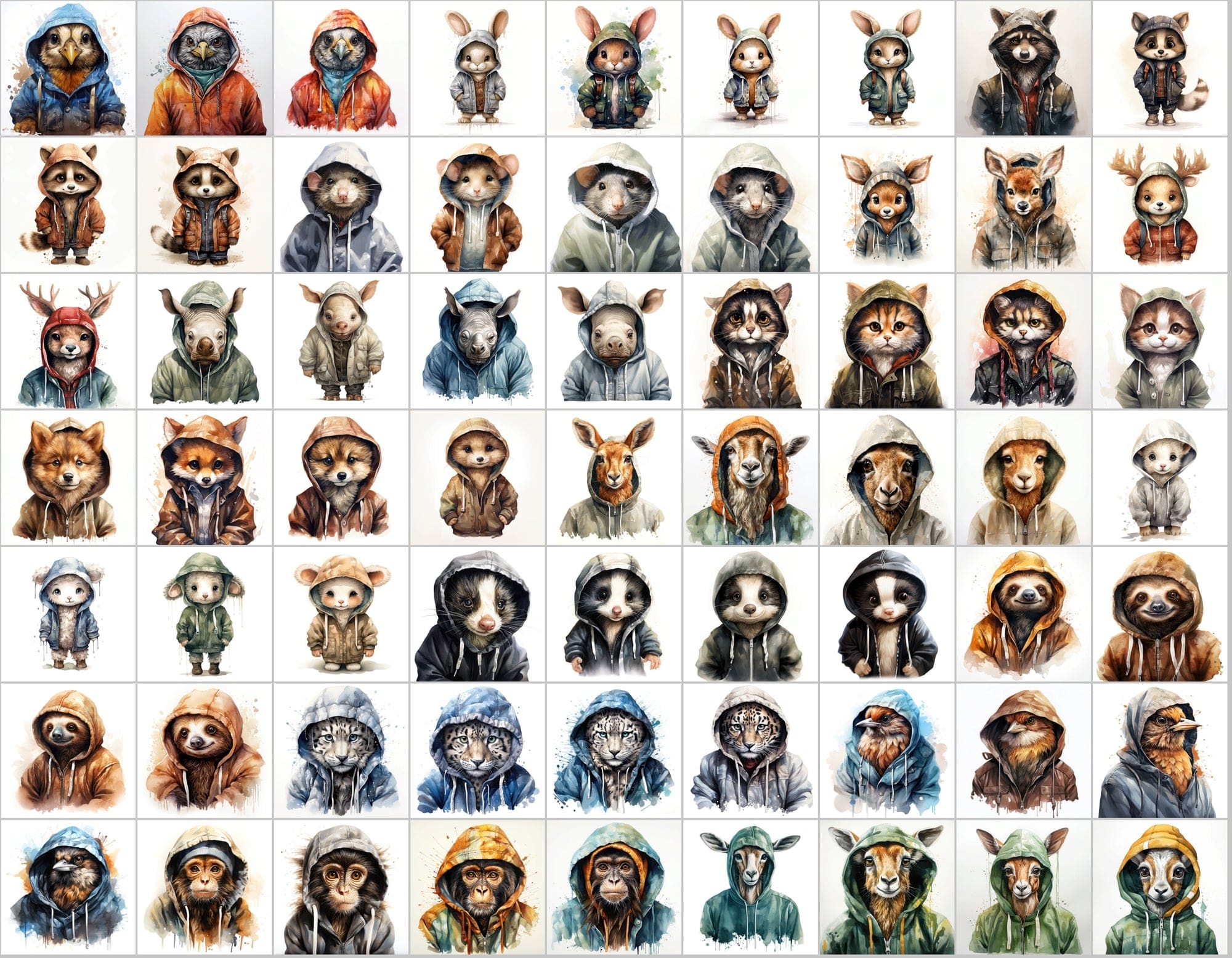 590 Watercolor Animals in Hoodies - Unleash Your Creativity with Our Watercolor Collection! Digital Download Sumobundle