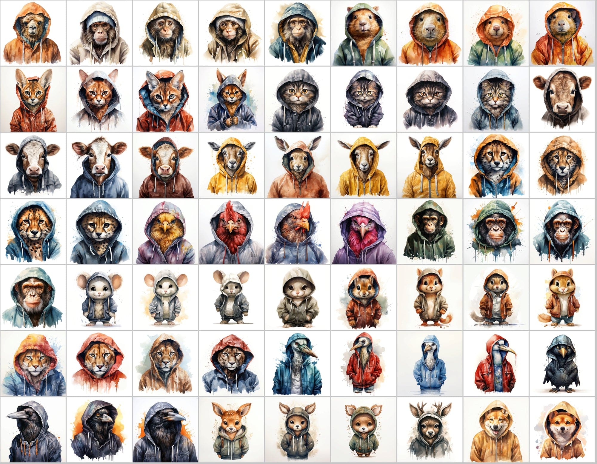 590 Watercolor Animals in Hoodies - Unleash Your Creativity with Our Watercolor Collection! Digital Download Sumobundle