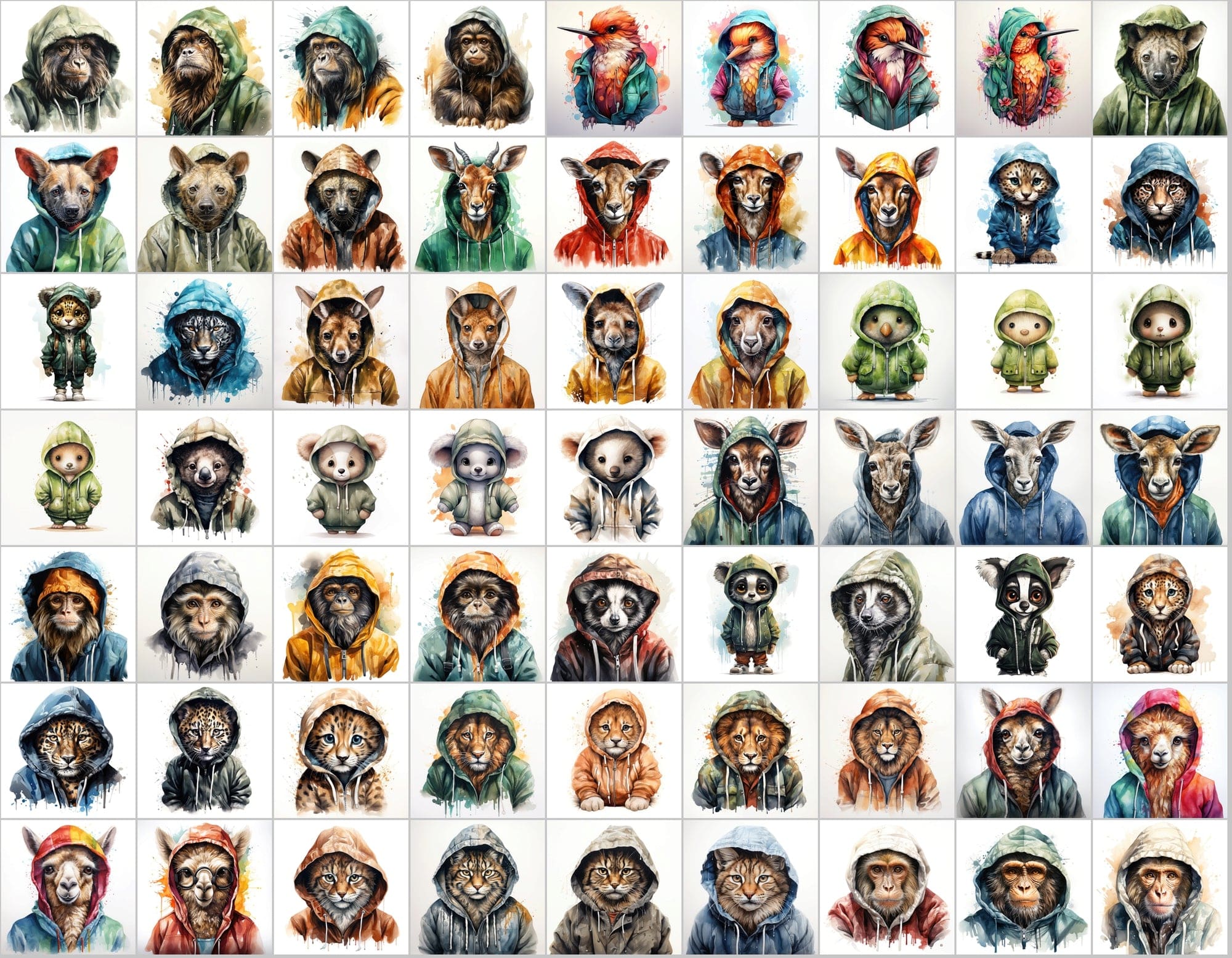 590 Watercolor Animals in Hoodies - Unleash Your Creativity with Our Watercolor Collection! Digital Download Sumobundle